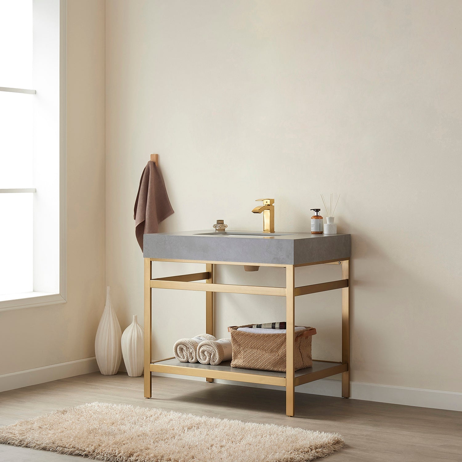 Funes 36" Single Sink Bath Vanity in Brushed Gold Metal Support with Grey Sintered Stone Top