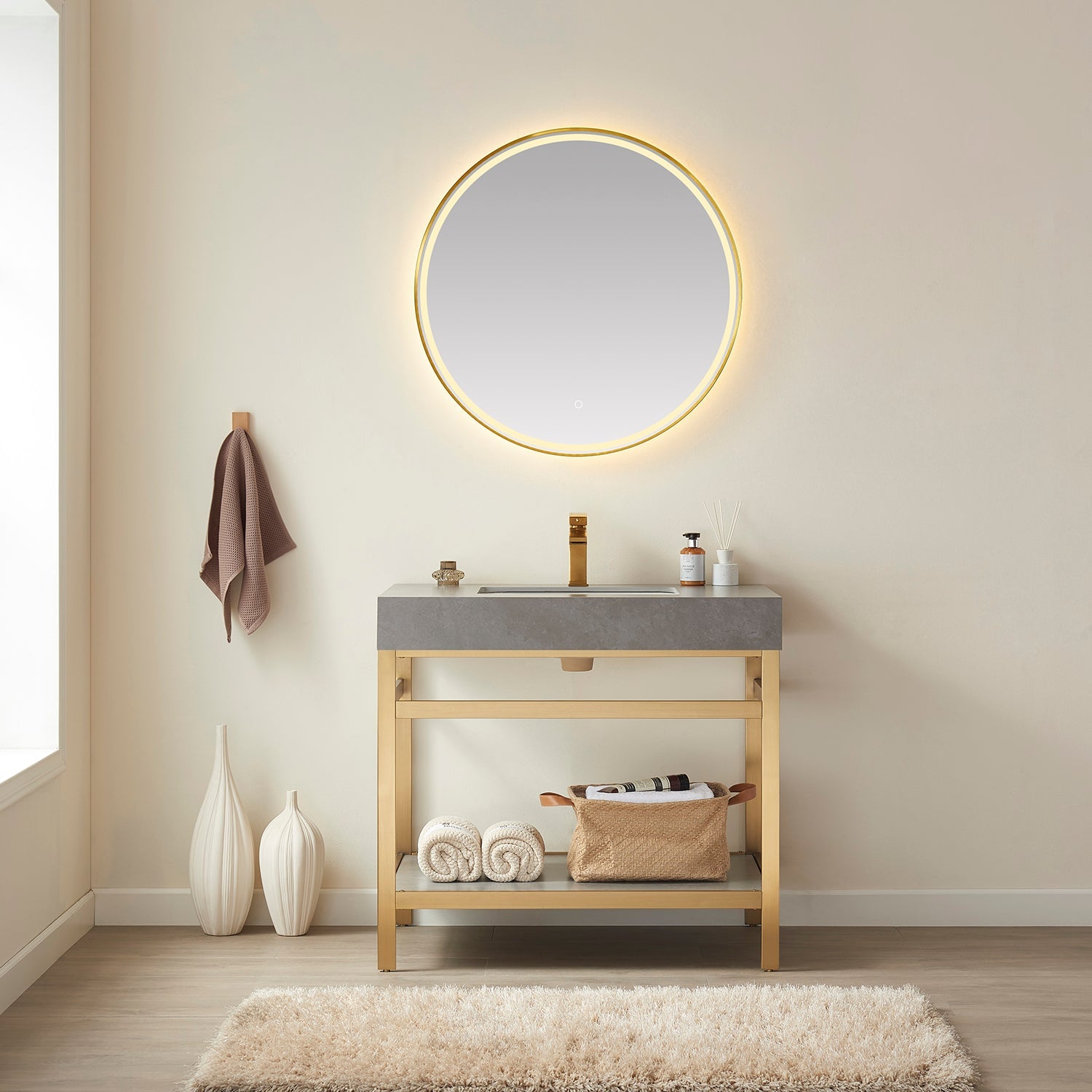 Funes 36" Single Sink Bath Vanity in Brushed Gold Metal Support with Grey Sintered Stone Top