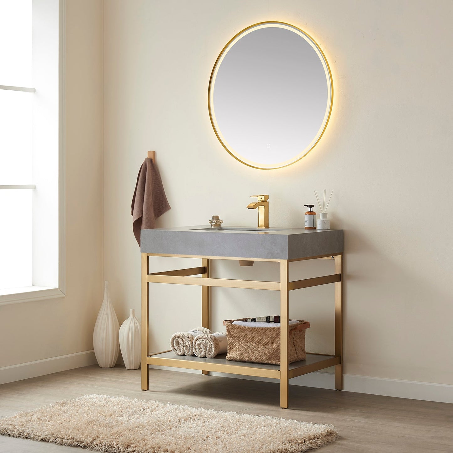 Funes 36" Single Sink Bath Vanity in Brushed Gold Metal Support with Grey Sintered Stone Top