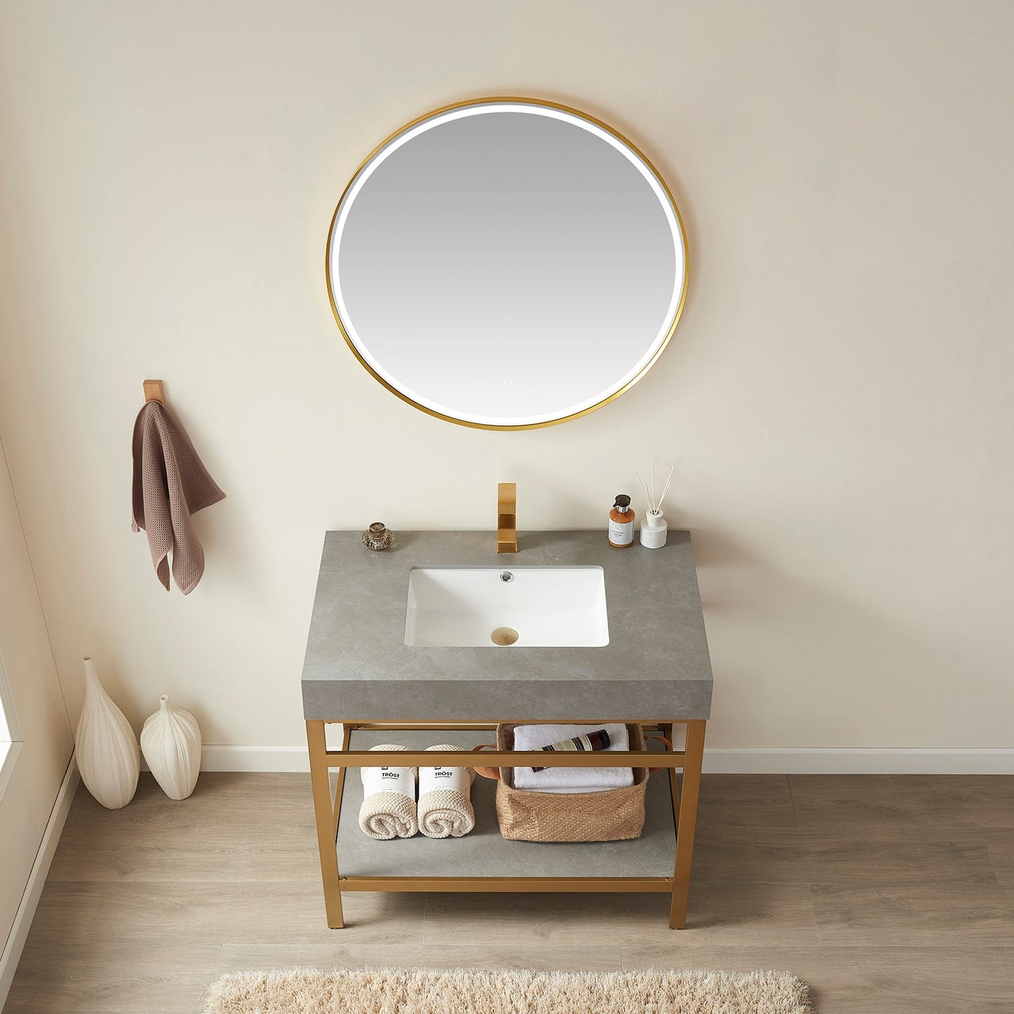 Funes 36" Single Sink Bath Vanity in Brushed Gold Metal Support with Grey Sintered Stone Top