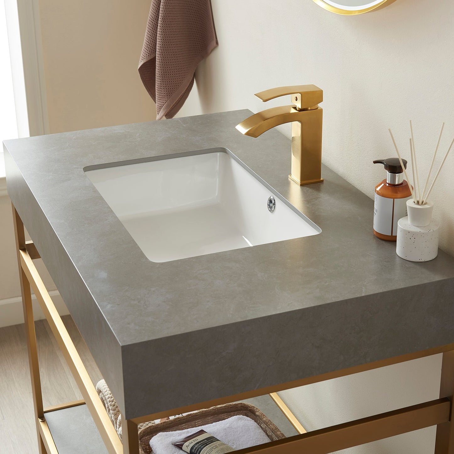 Funes 36" Single Sink Bath Vanity in Brushed Gold Metal Support with Grey Sintered Stone Top