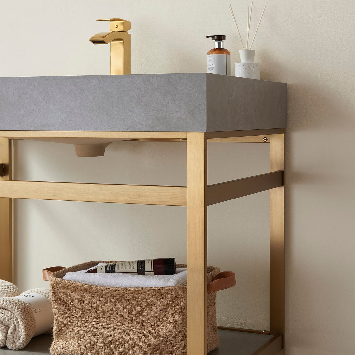 Funes 36" Single Sink Bath Vanity in Brushed Gold Metal Support with Grey Sintered Stone Top