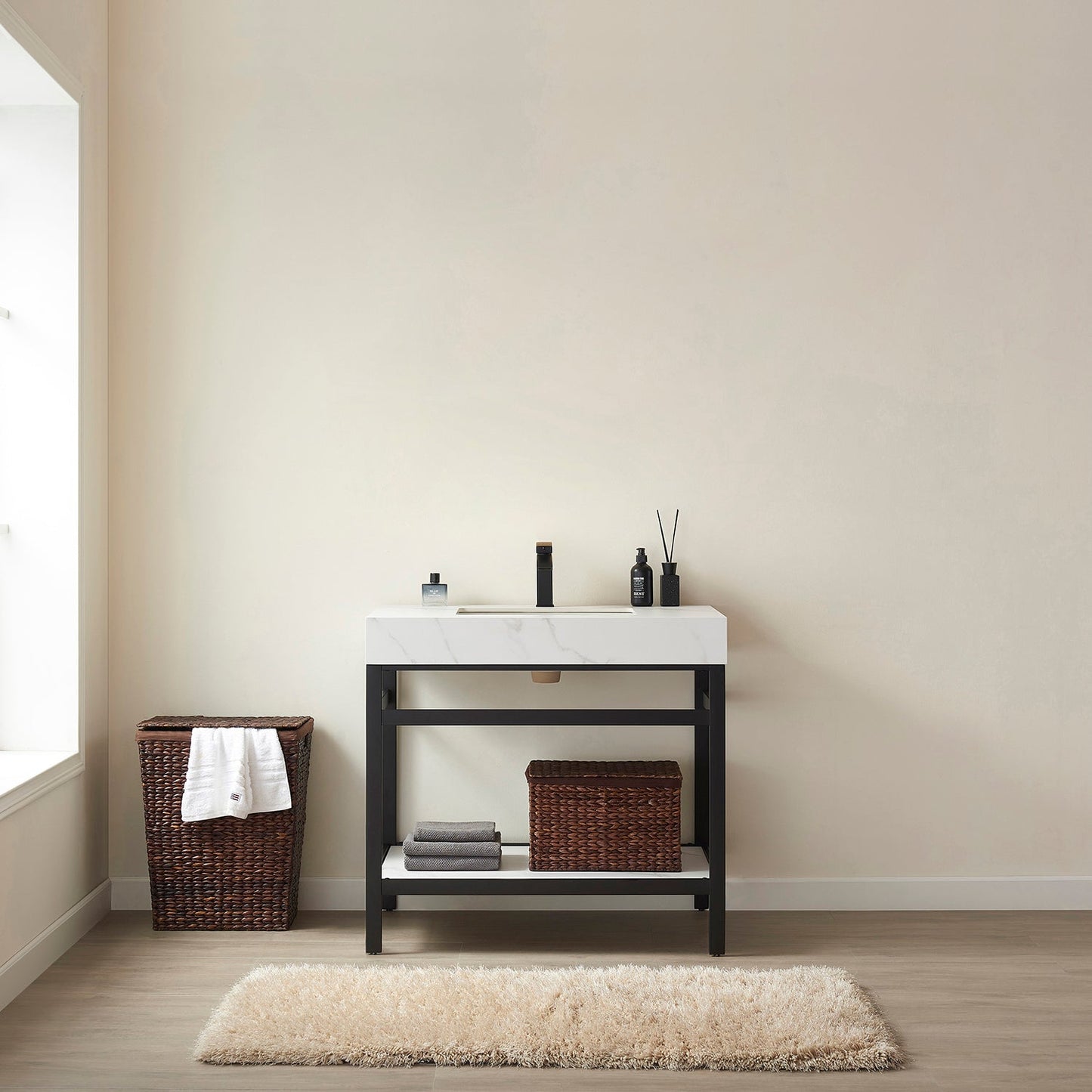 Funes 36" Single Sink Bath Vanity in Matte Black Metal Support with White Sintered Stone Top