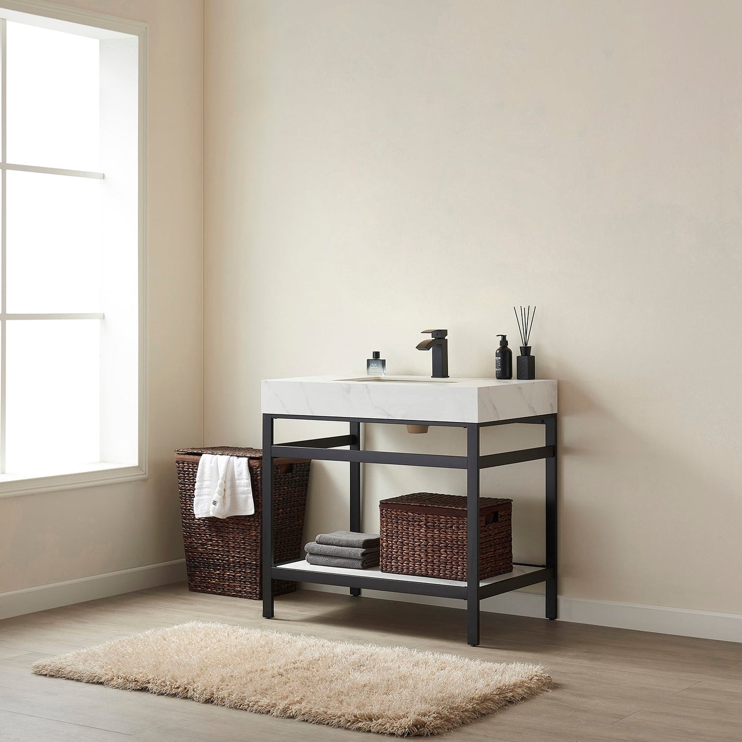 Funes 36" Single Sink Bath Vanity in Matte Black Metal Support with White Sintered Stone Top