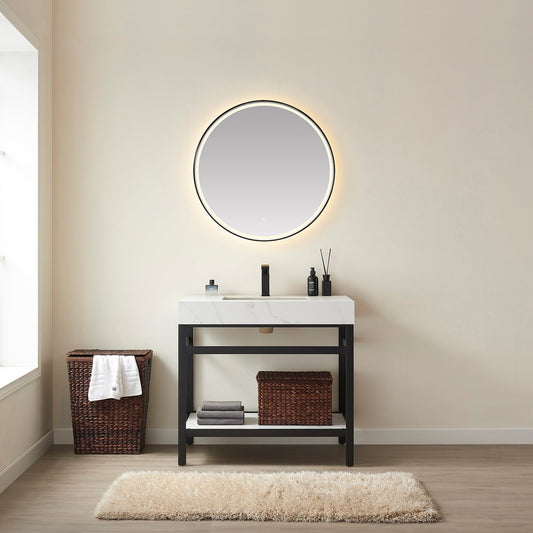 Funes 36" Single Sink Bath Vanity in Matte Black Metal Support with White Sintered Stone Top