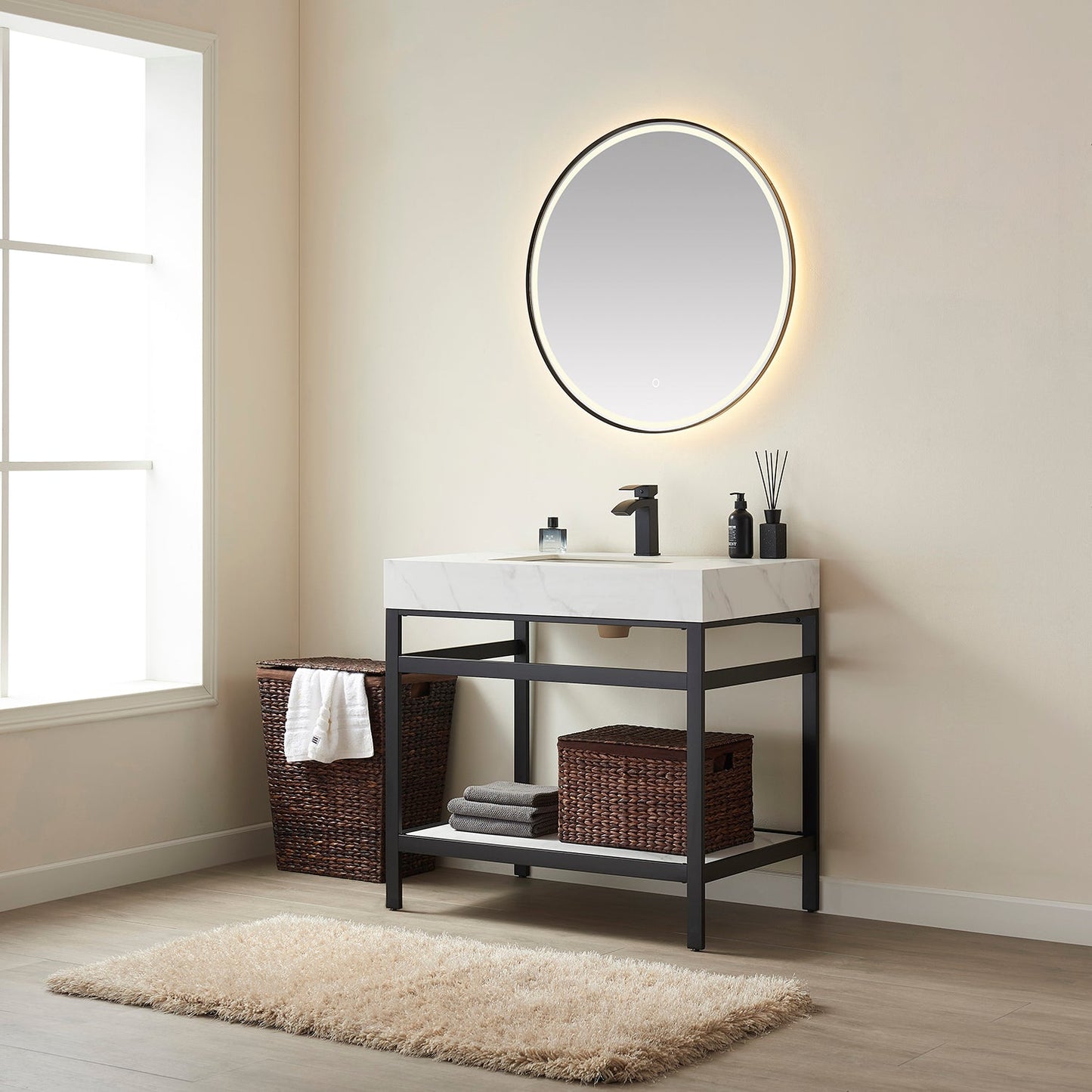 Funes 36" Single Sink Bath Vanity in Matte Black Metal Support with White Sintered Stone Top