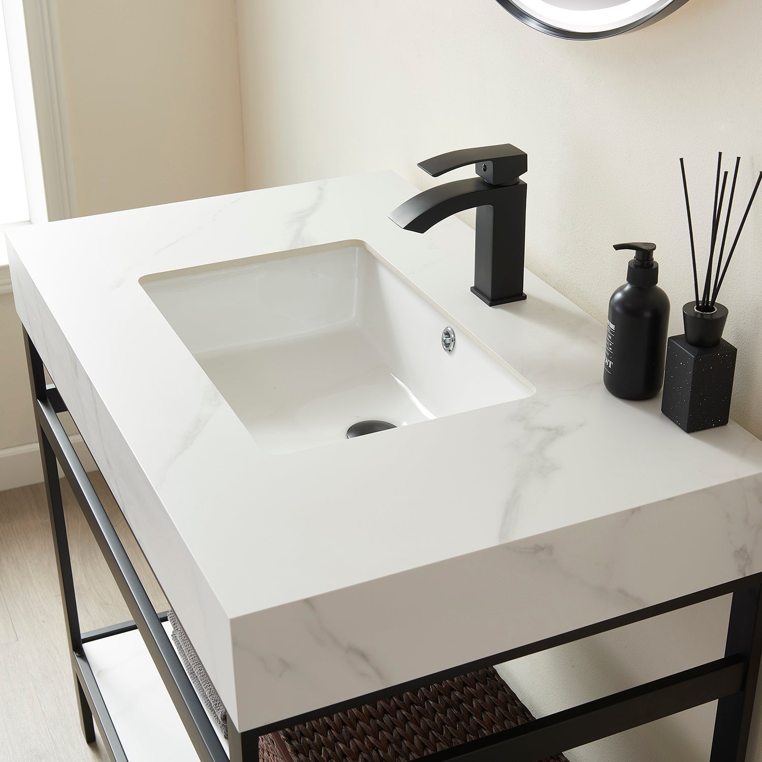 Funes 36" Single Sink Bath Vanity in Matte Black Metal Support with White Sintered Stone Top