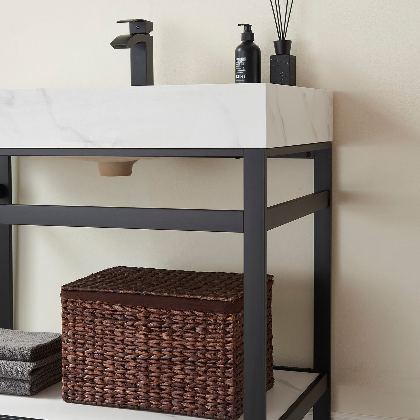 Funes 36" Single Sink Bath Vanity in Matte Black Metal Support with White Sintered Stone Top