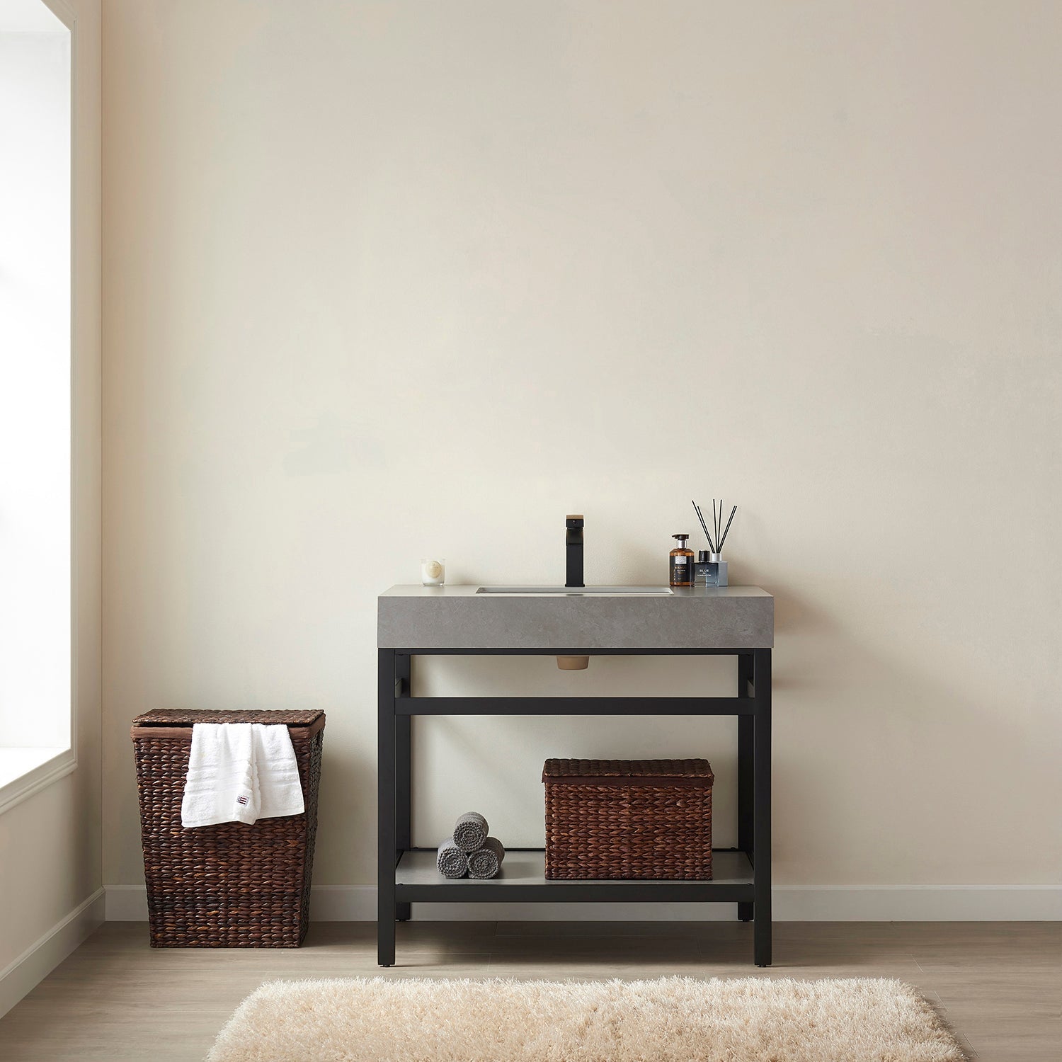 Funes 36" Single Sink Bath Vanity in Matte Black Metal Support with Grey Sintered Stone Top