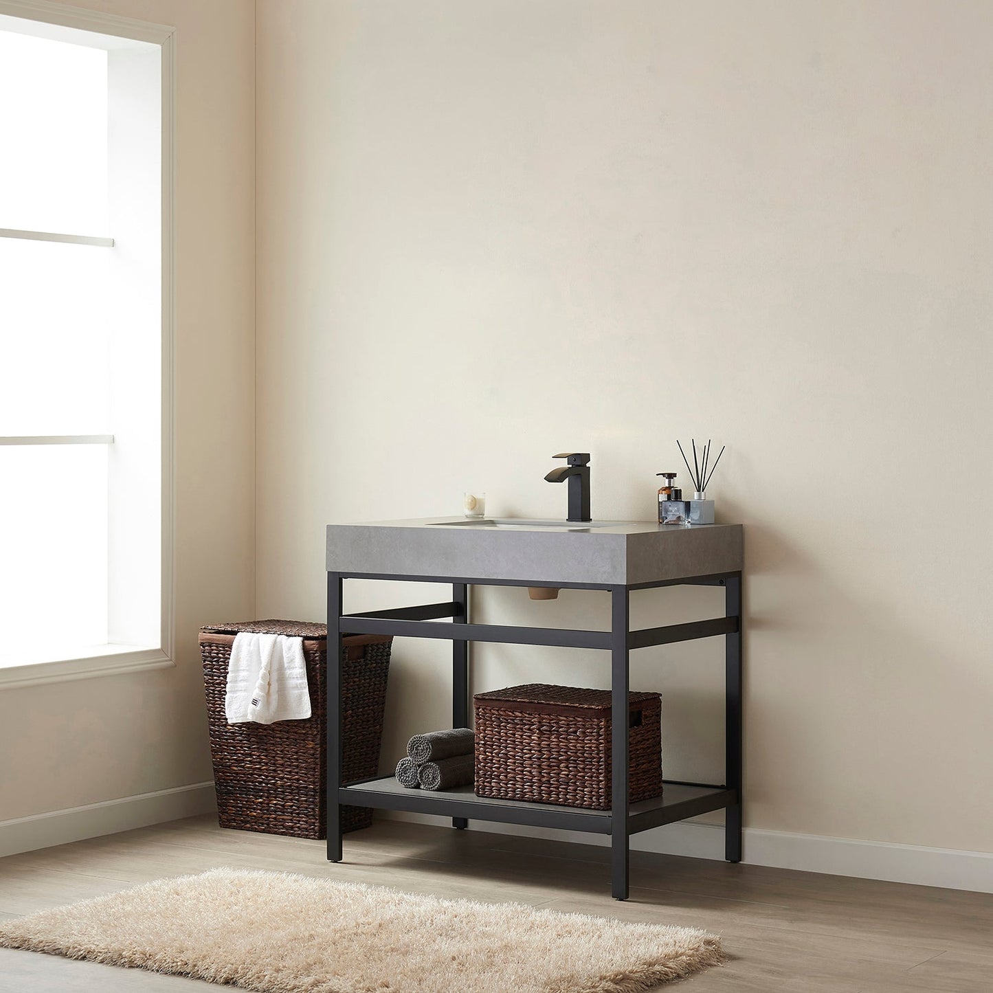 Funes 36" Single Sink Bath Vanity in Matte Black Metal Support with Grey Sintered Stone Top