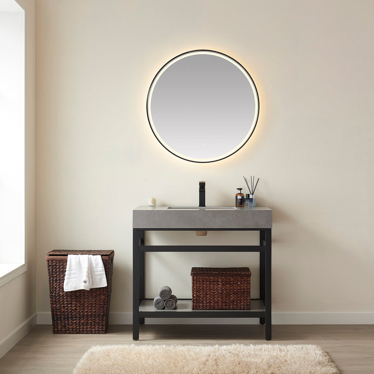 Funes 36" Single Sink Bath Vanity in Matte Black Metal Support with Grey Sintered Stone Top