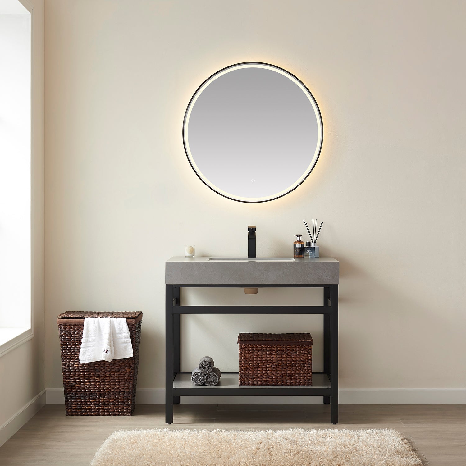 Funes 36" Single Sink Bath Vanity in Matte Black Metal Support with Grey Sintered Stone Top