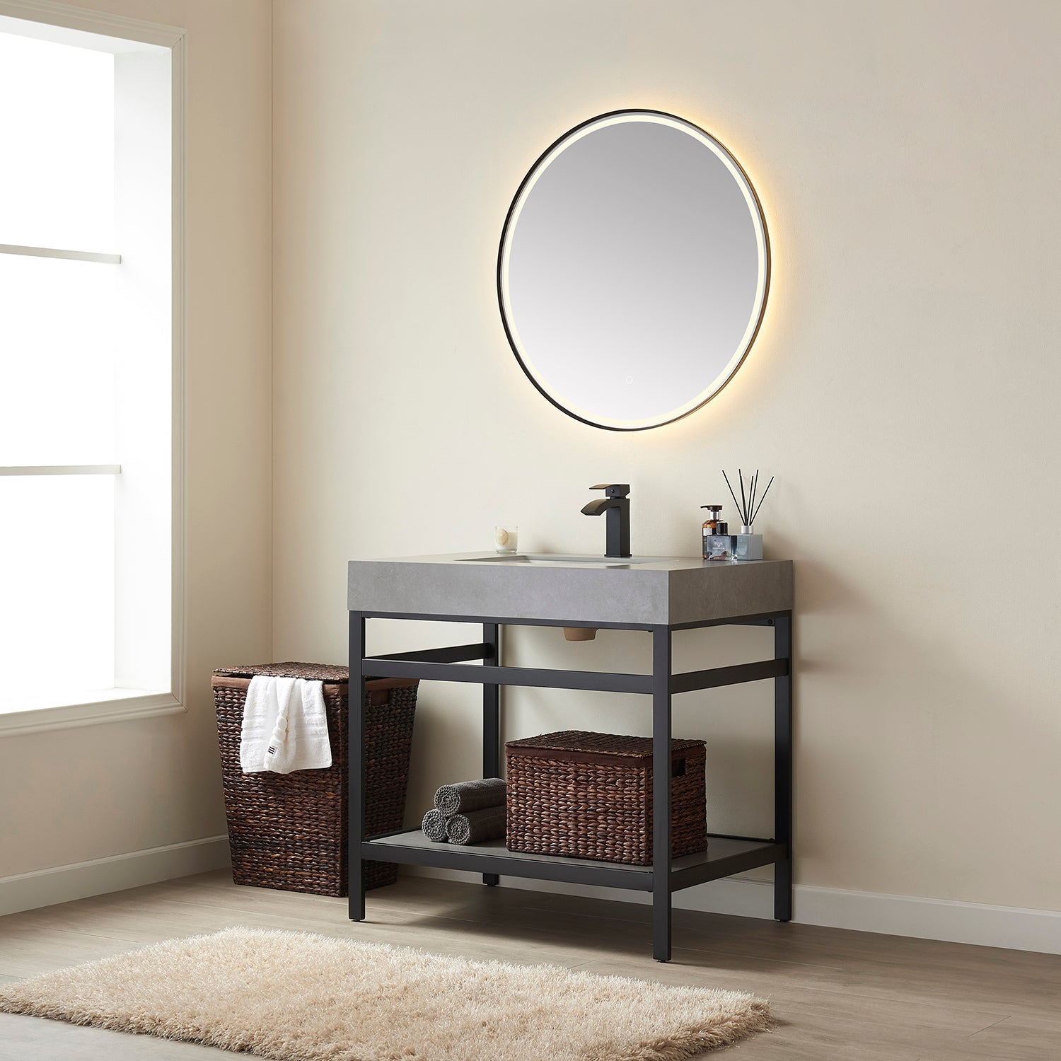 Funes 36" Single Sink Bath Vanity in Matte Black Metal Support with Grey Sintered Stone Top