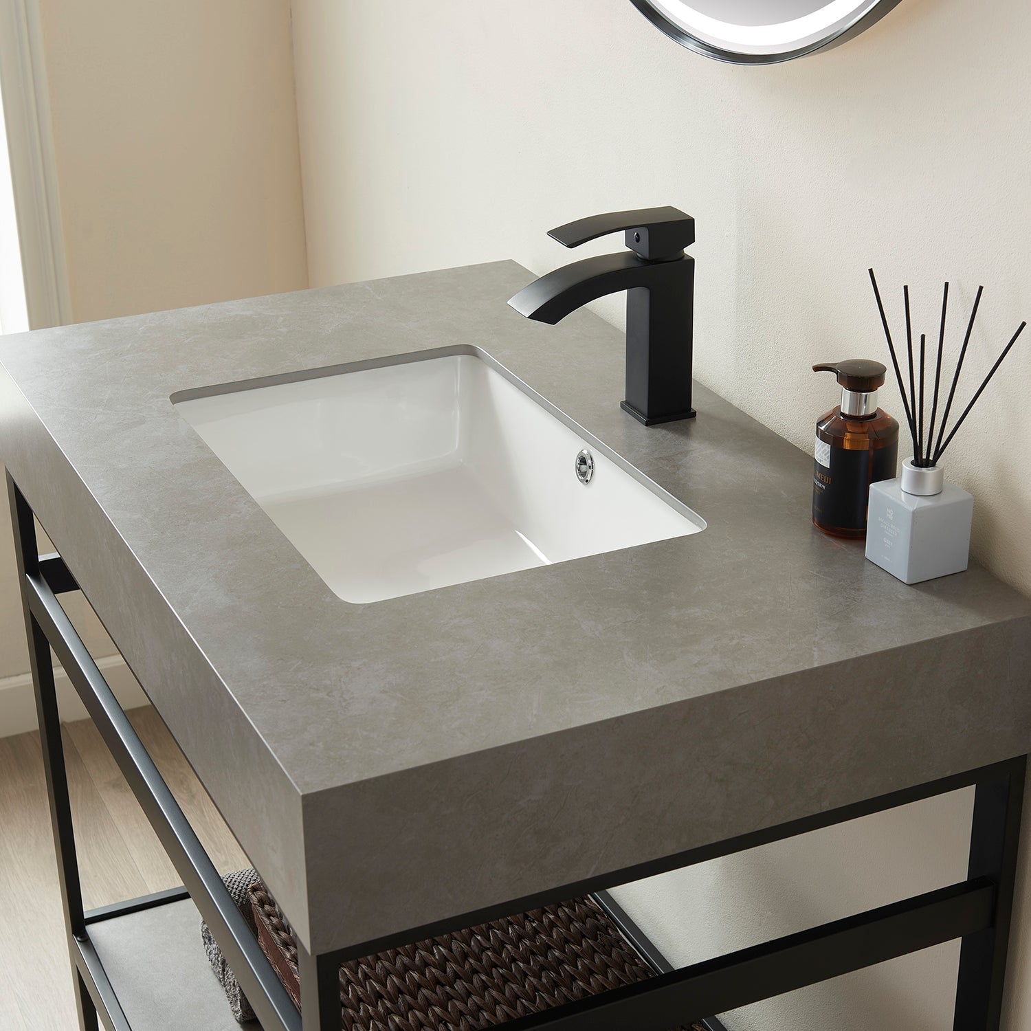 Funes 36" Single Sink Bath Vanity in Matte Black Metal Support with Grey Sintered Stone Top