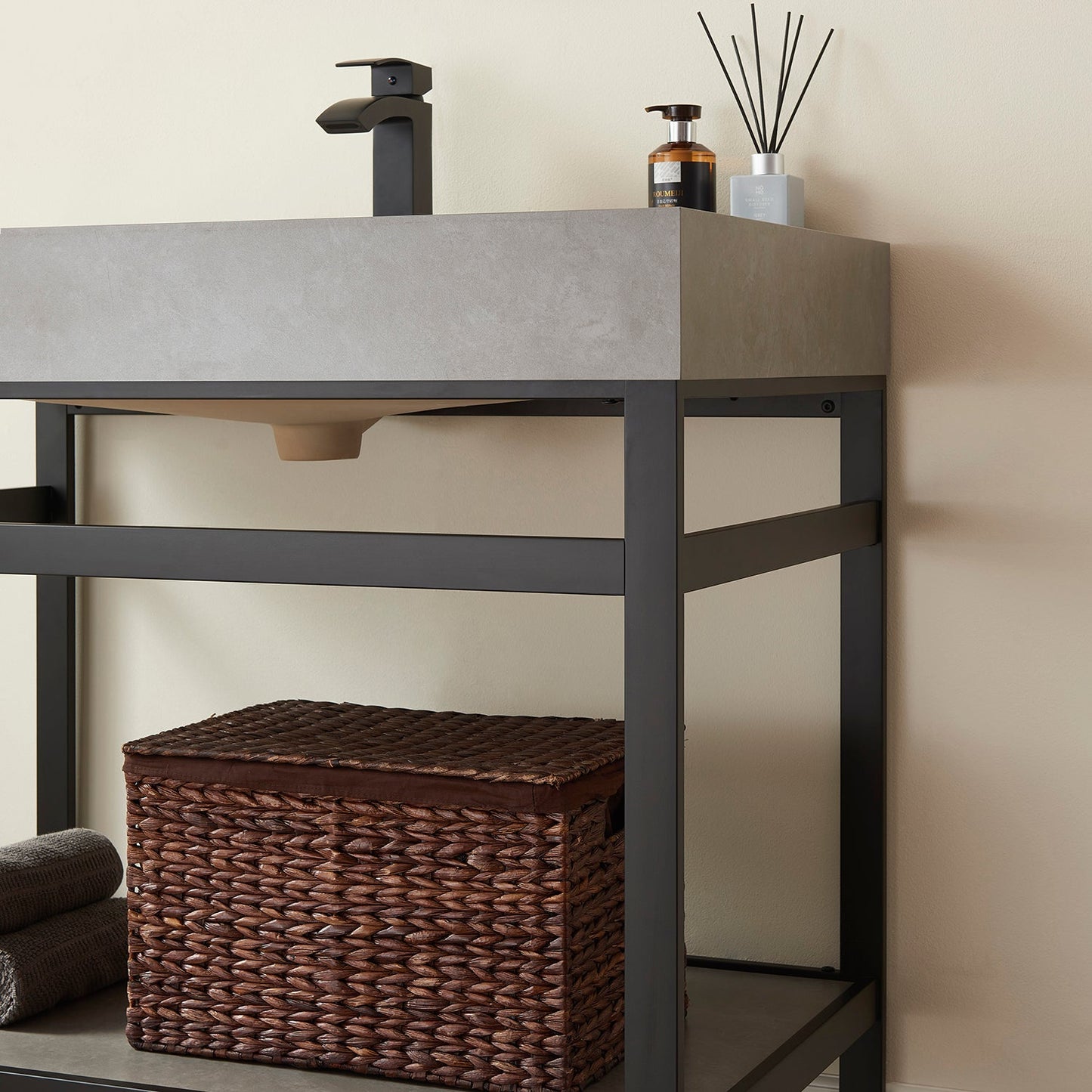 Funes 36" Single Sink Bath Vanity in Matte Black Metal Support with Grey Sintered Stone Top