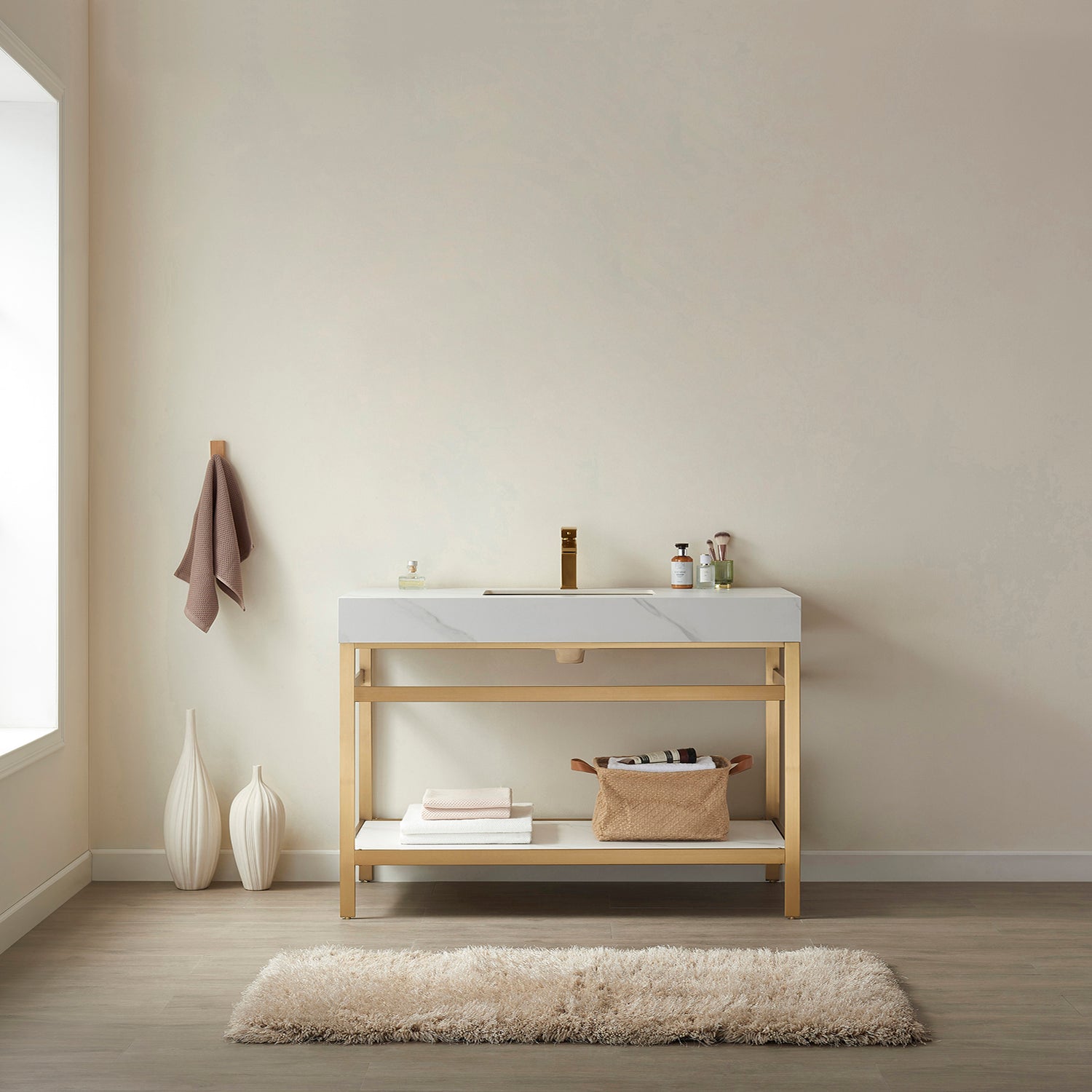 Funes 48" Single Sink Bath Vanity in Brushed Gold Metal Support with White Sintered Stone Top