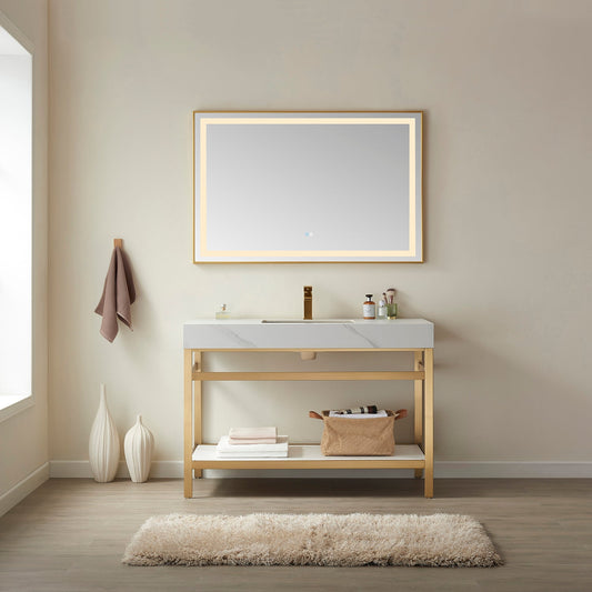 Funes 48" Single Sink Bath Vanity in Brushed Gold Metal Support with White Sintered Stone Top