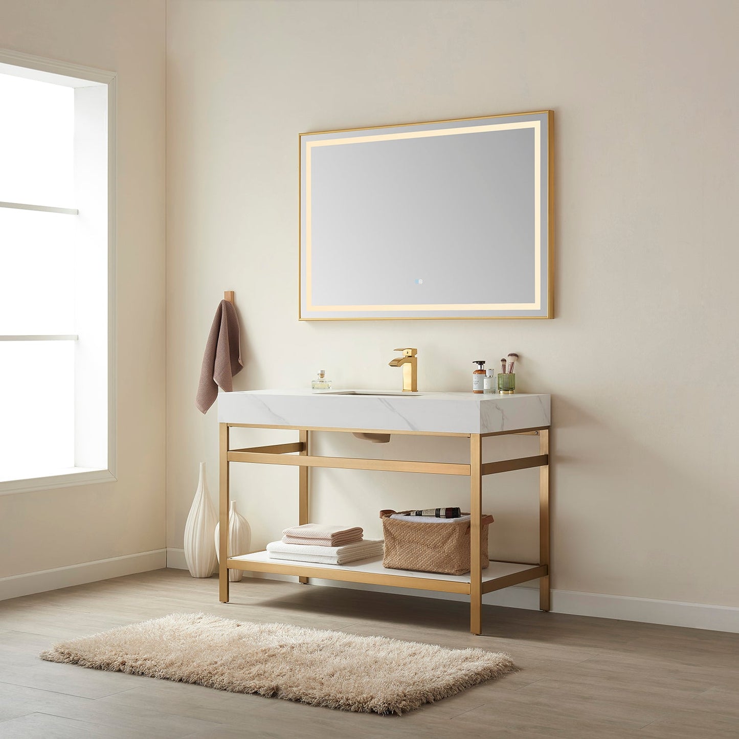 Funes 48" Single Sink Bath Vanity in Brushed Gold Metal Support with White Sintered Stone Top
