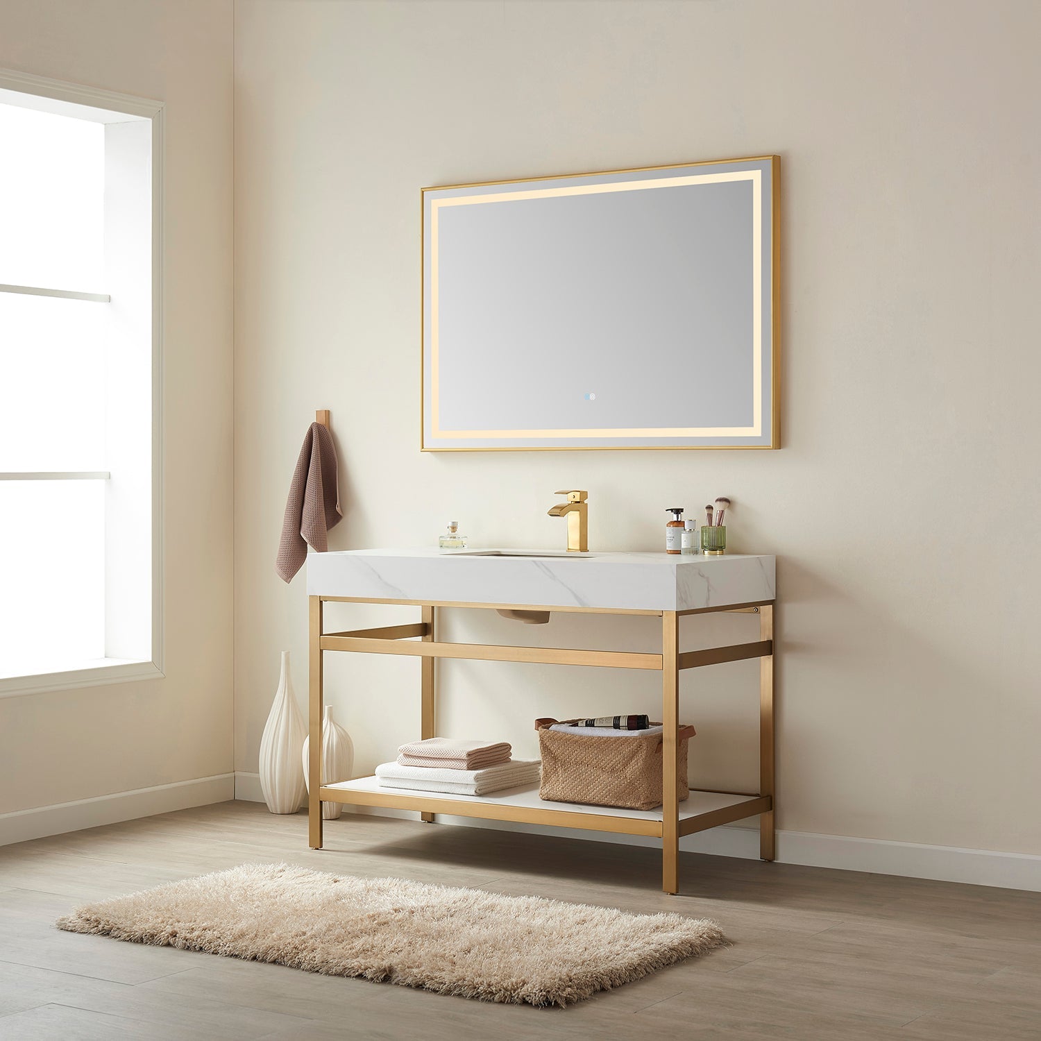 Funes 48" Single Sink Bath Vanity in Brushed Gold Metal Support with White Sintered Stone Top