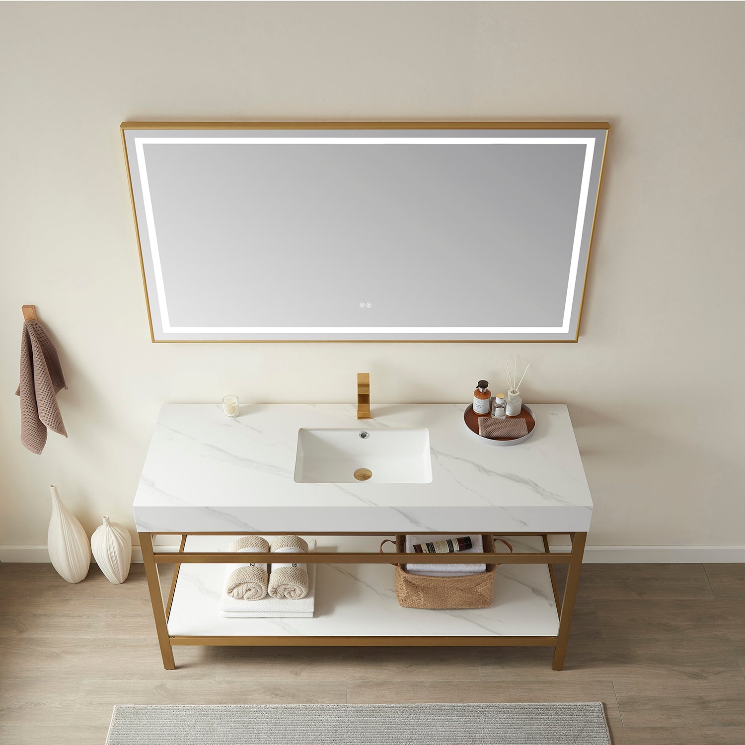 Funes 48" Single Sink Bath Vanity in Brushed Gold Metal Support with White Sintered Stone Top