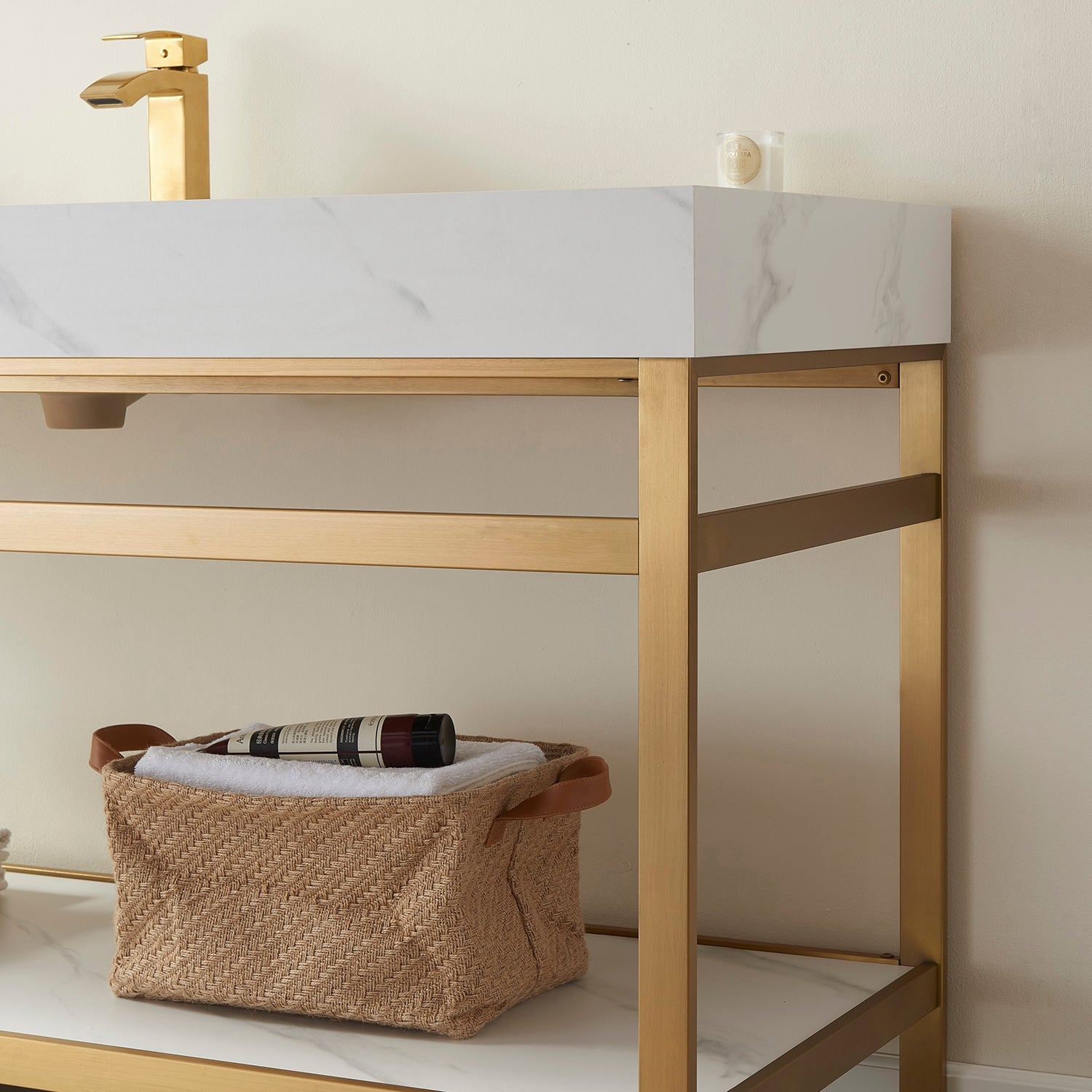 Funes 48" Single Sink Bath Vanity in Brushed Gold Metal Support with White Sintered Stone Top