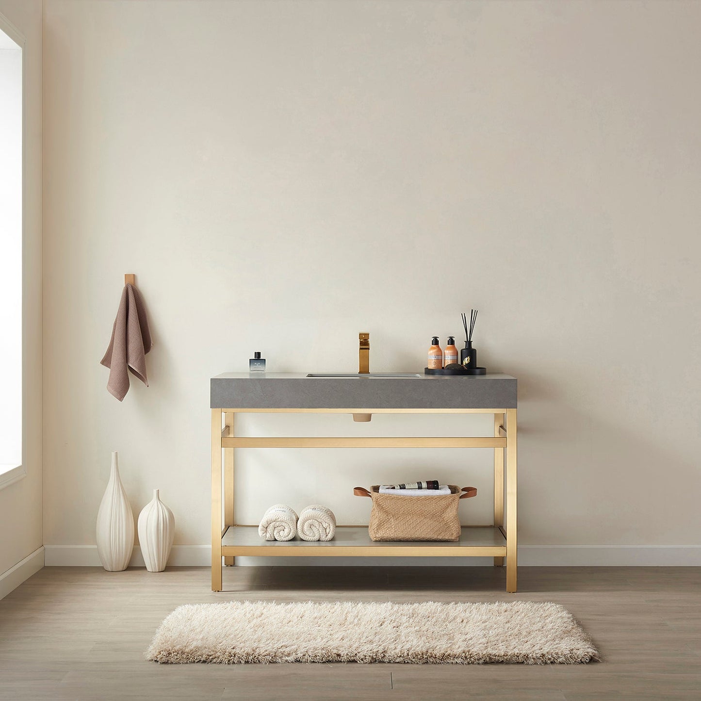 Funes 48" Single Sink Bath Vanity in Brushed Gold Metal Support with Grey Sintered Stone Top