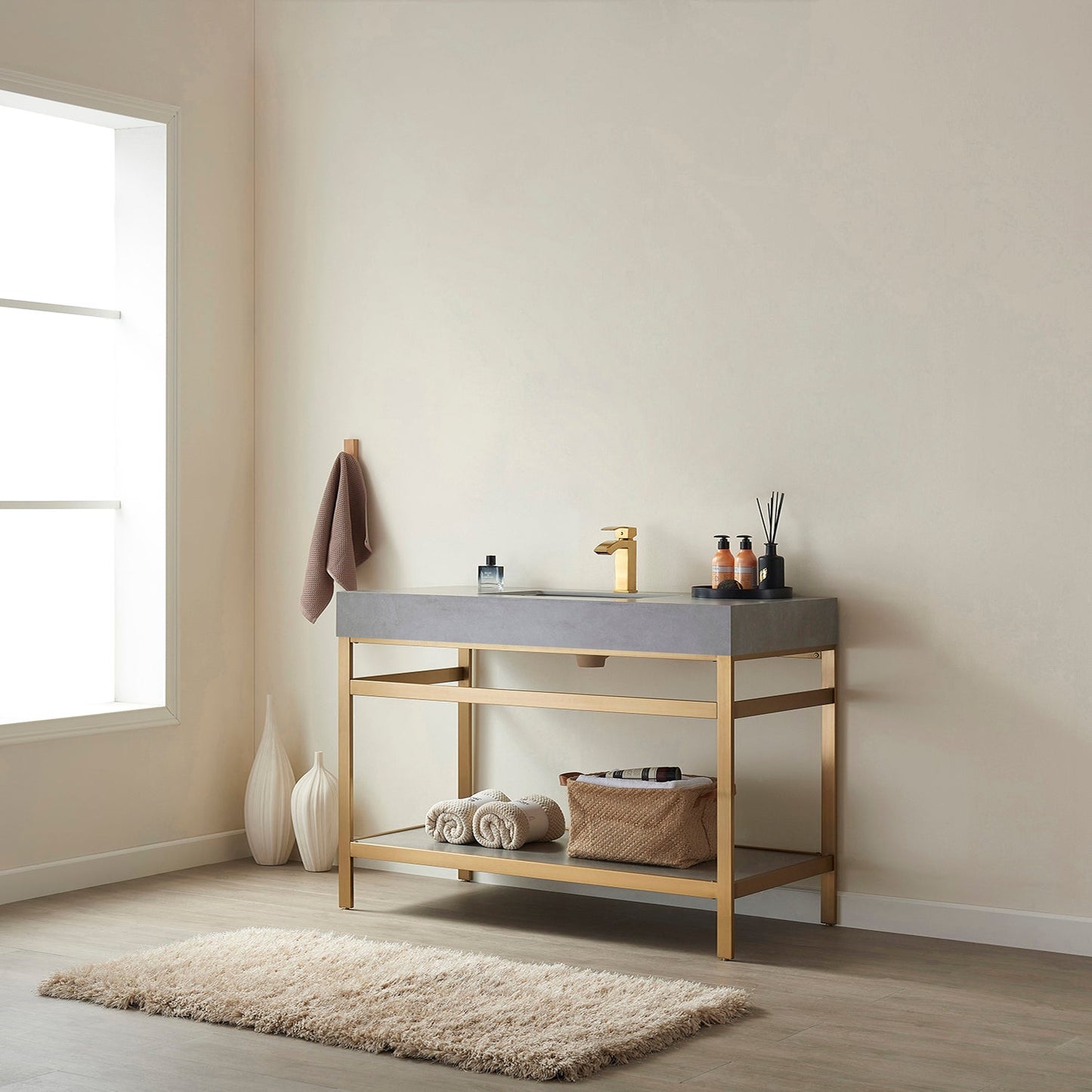 Funes 48" Single Sink Bath Vanity in Brushed Gold Metal Support with Grey Sintered Stone Top