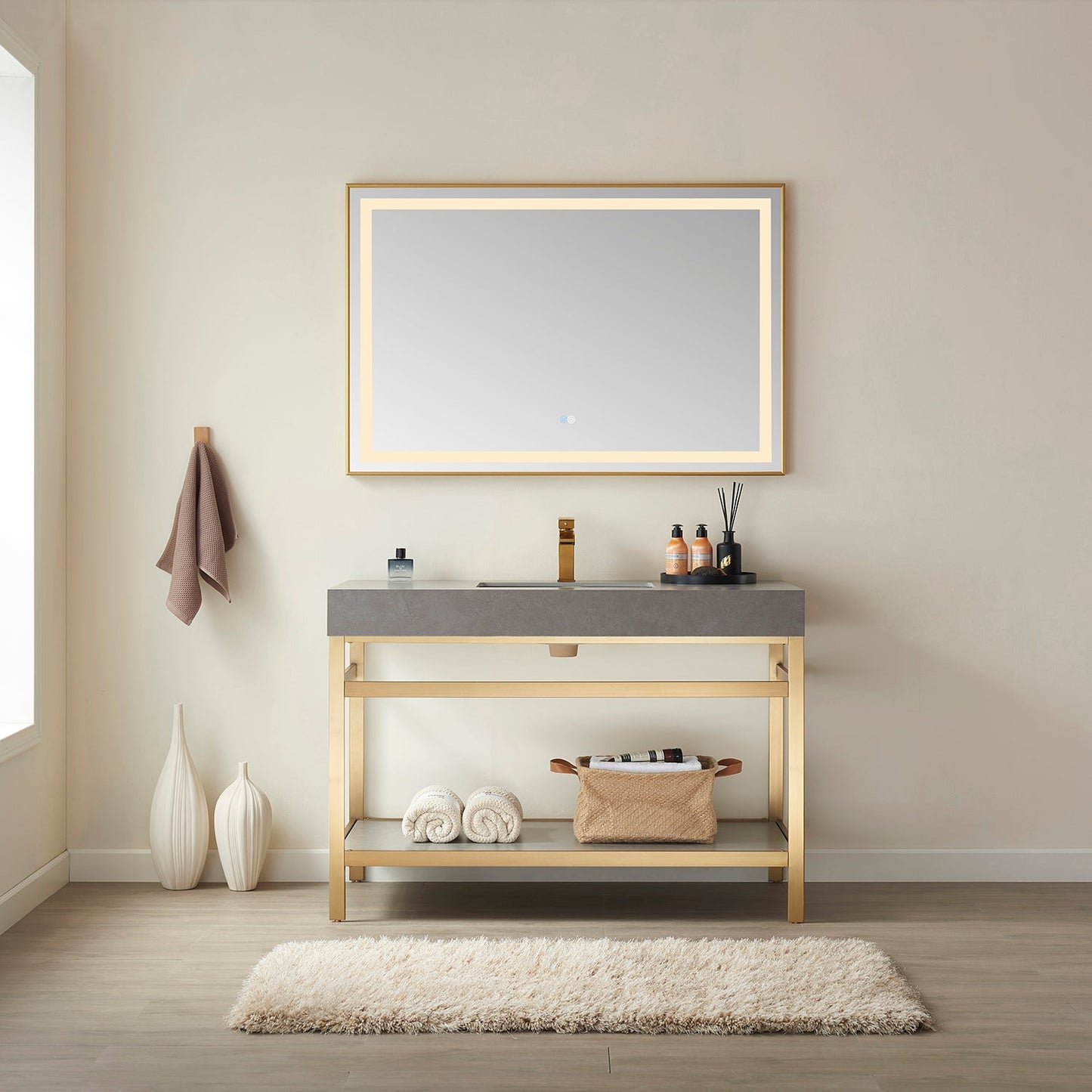 Funes 48" Single Sink Bath Vanity in Brushed Gold Metal Support with Grey Sintered Stone Top