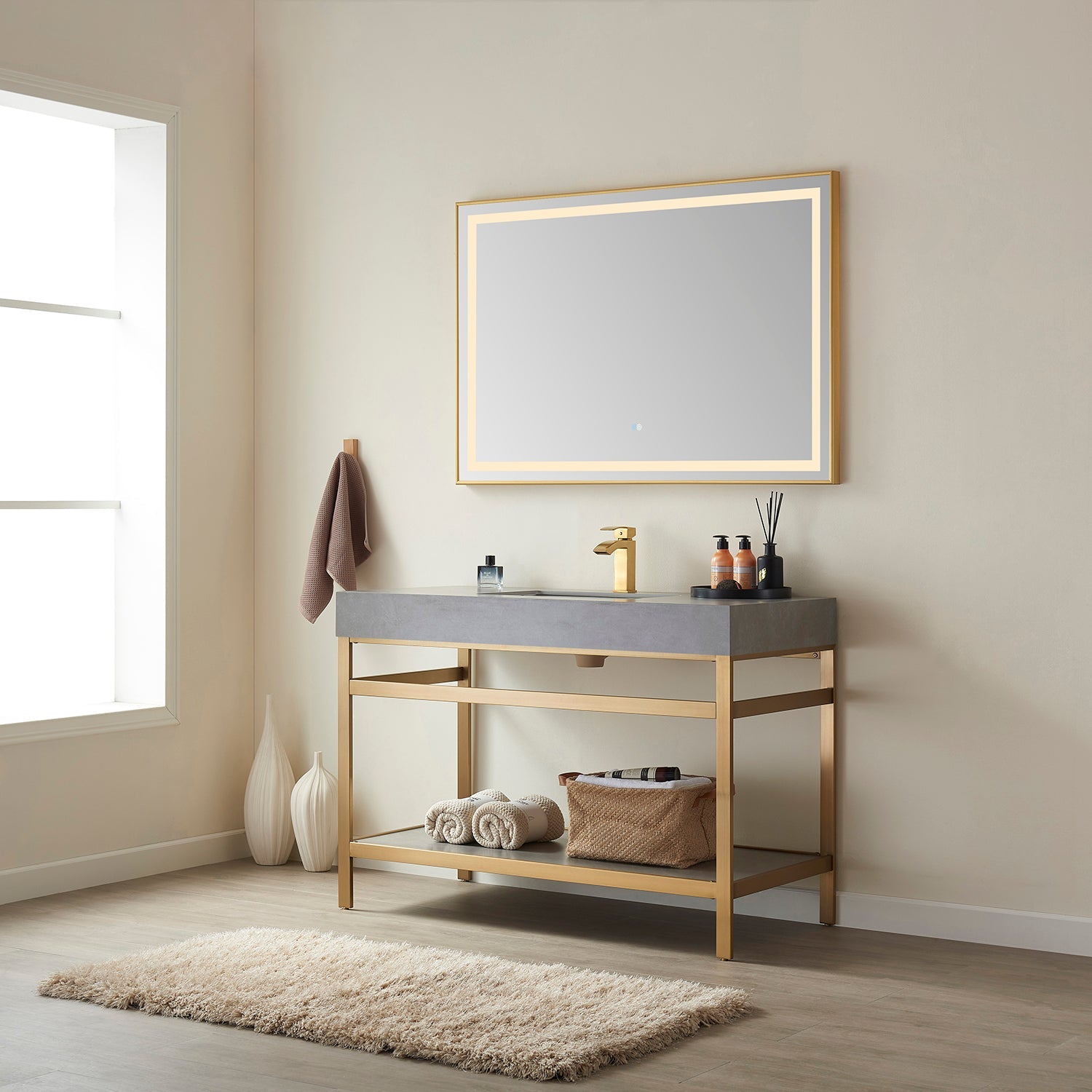 Funes 48" Single Sink Bath Vanity in Brushed Gold Metal Support with Grey Sintered Stone Top