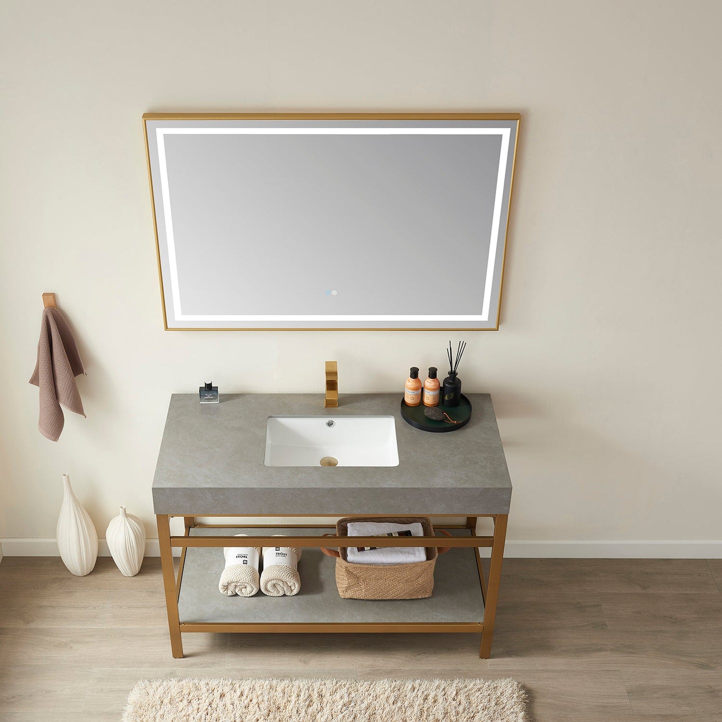 Funes 48" Single Sink Bath Vanity in Brushed Gold Metal Support with Grey Sintered Stone Top