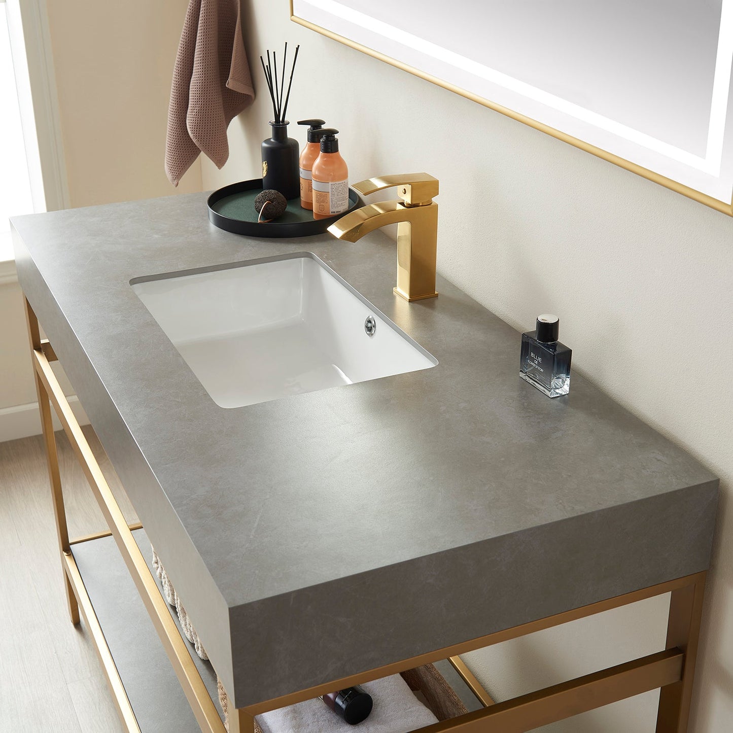 Funes 48" Single Sink Bath Vanity in Brushed Gold Metal Support with Grey Sintered Stone Top