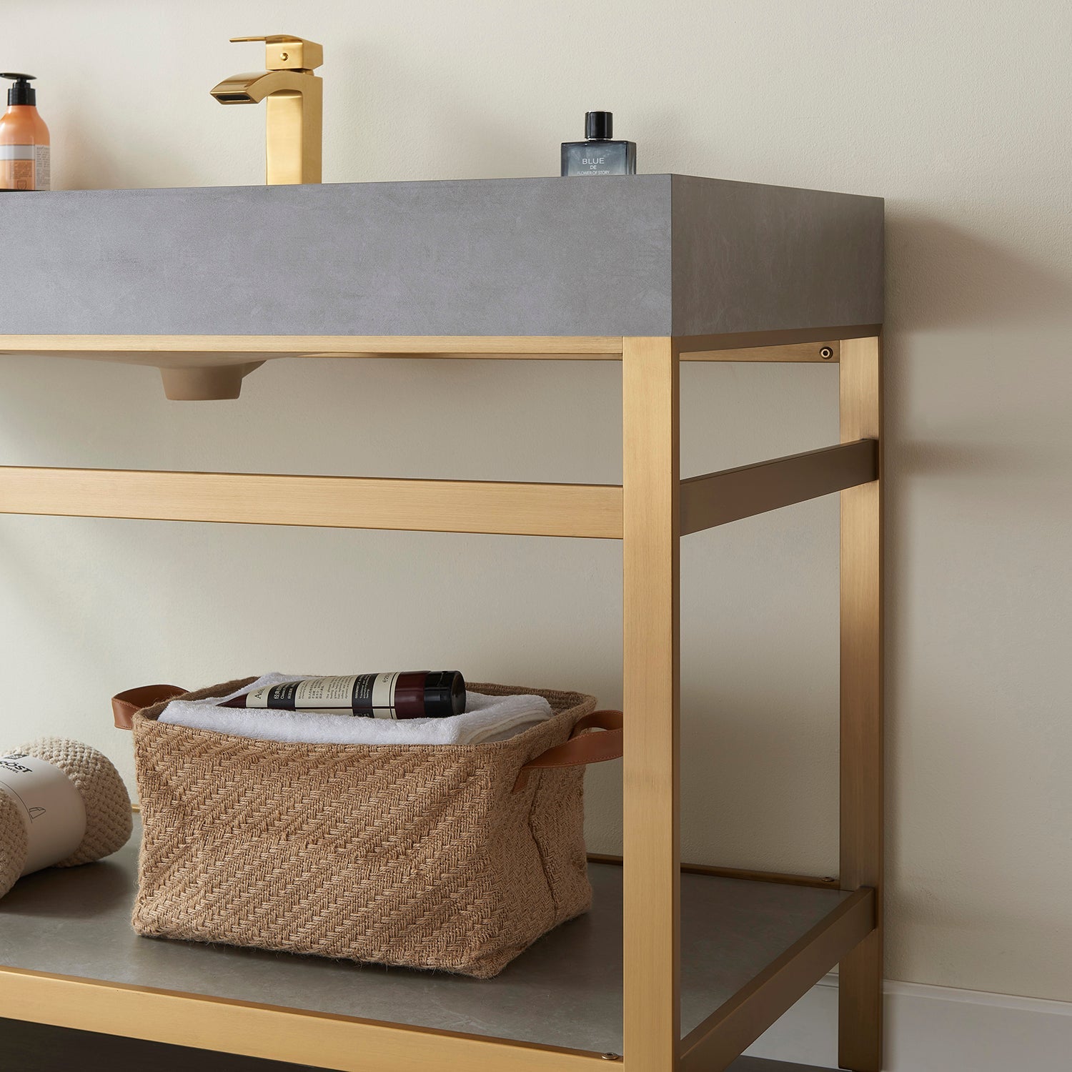 Funes 48" Single Sink Bath Vanity in Brushed Gold Metal Support with Grey Sintered Stone Top