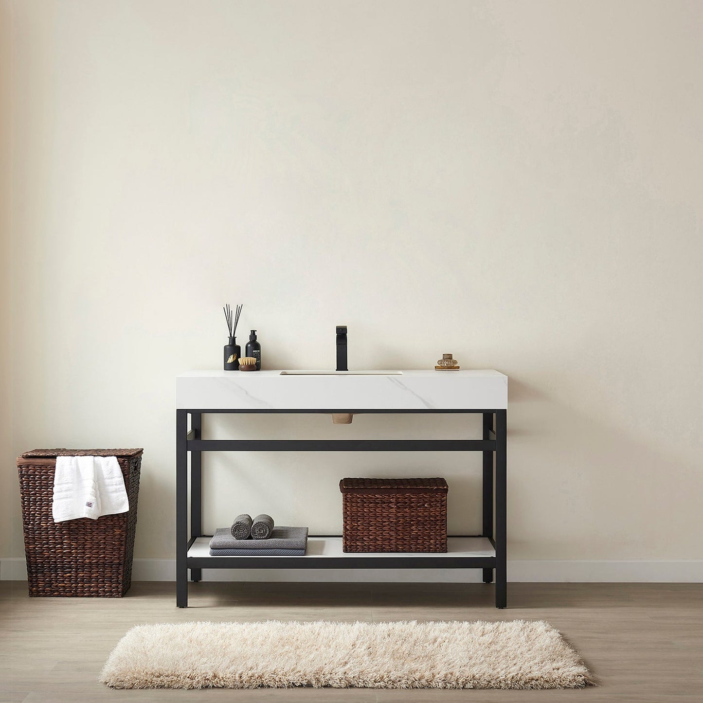 Funes 48" Single Sink Bath Vanity in Matte Black Metal Support with White Sintered Stone Top