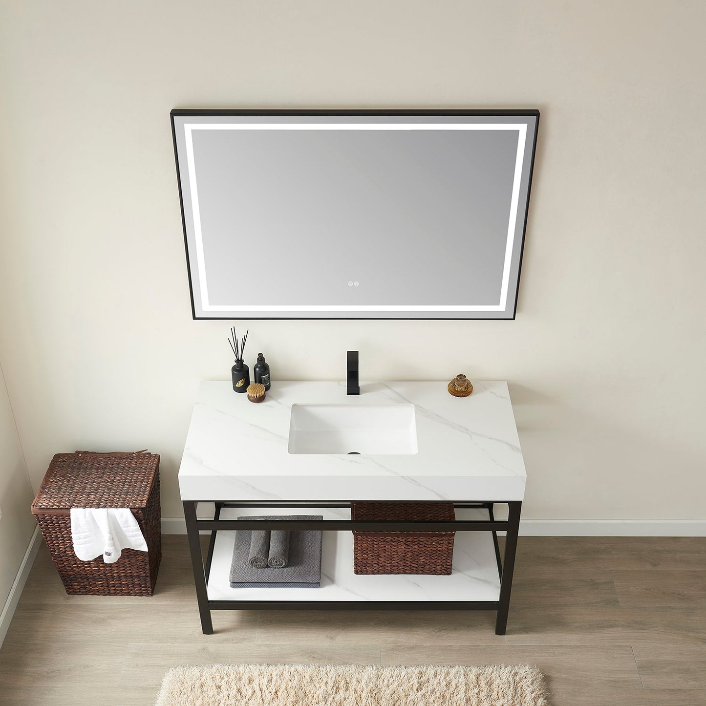 Funes 48" Single Sink Bath Vanity in Matte Black Metal Support with White Sintered Stone Top