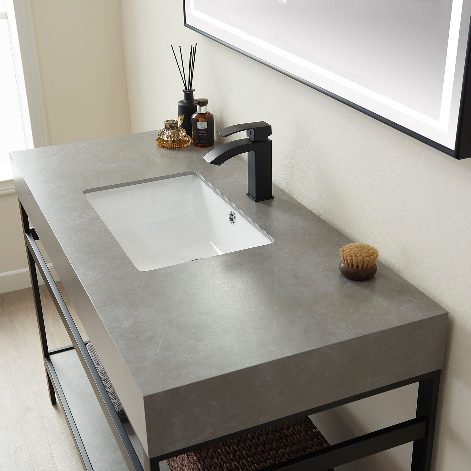 Funes 48" Single Sink Bath Vanity in Matte Black Metal Support with Grey Sintered Stone Top