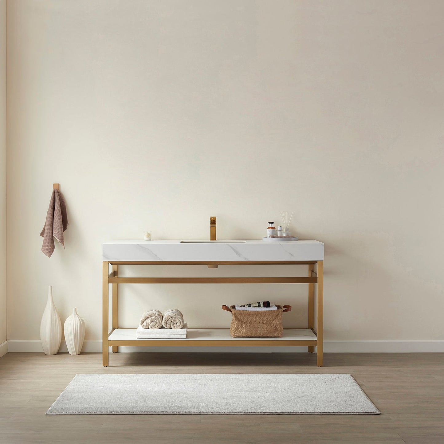 Funes 60" Single Sink Bath Vanity in Brushed Gold Metal Support with White Sintered Stone Top