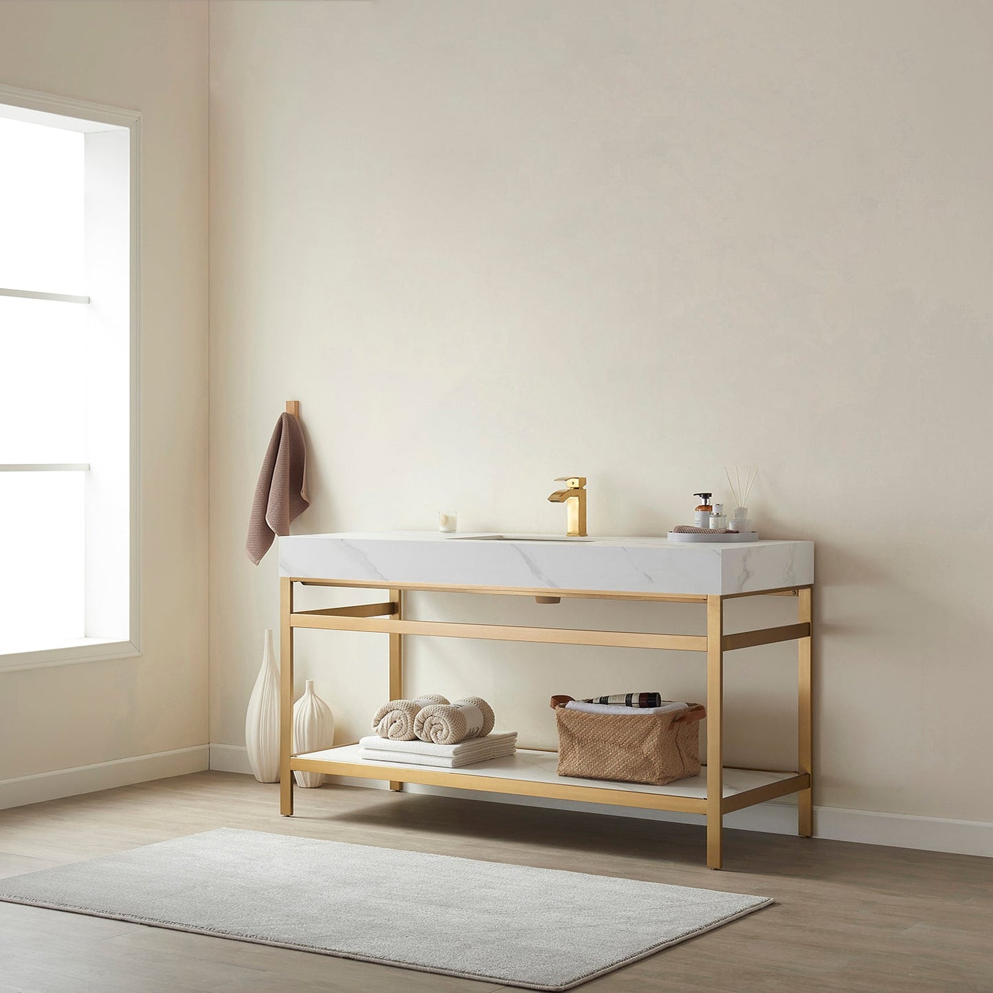 Funes 60" Single Sink Bath Vanity in Brushed Gold Metal Support with White Sintered Stone Top