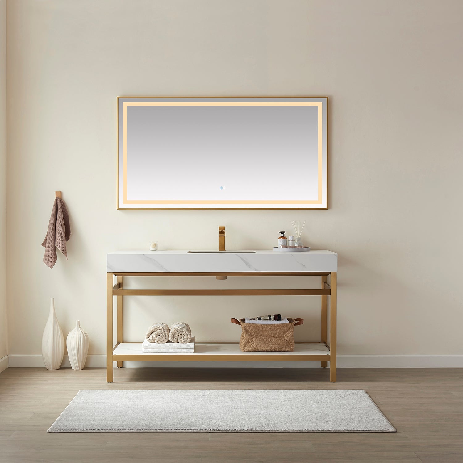 Funes 60" Single Sink Bath Vanity in Brushed Gold Metal Support with White Sintered Stone Top