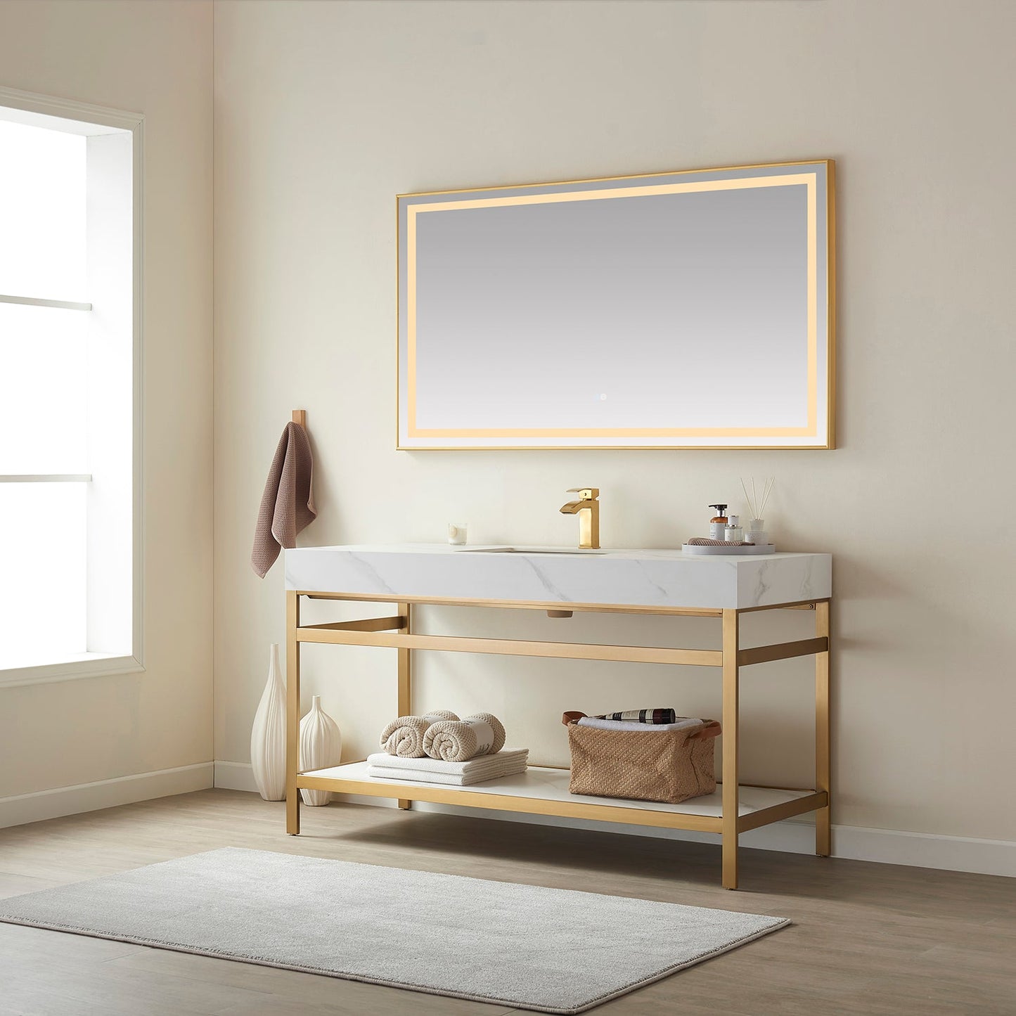 Funes 60" Single Sink Bath Vanity in Brushed Gold Metal Support with White Sintered Stone Top