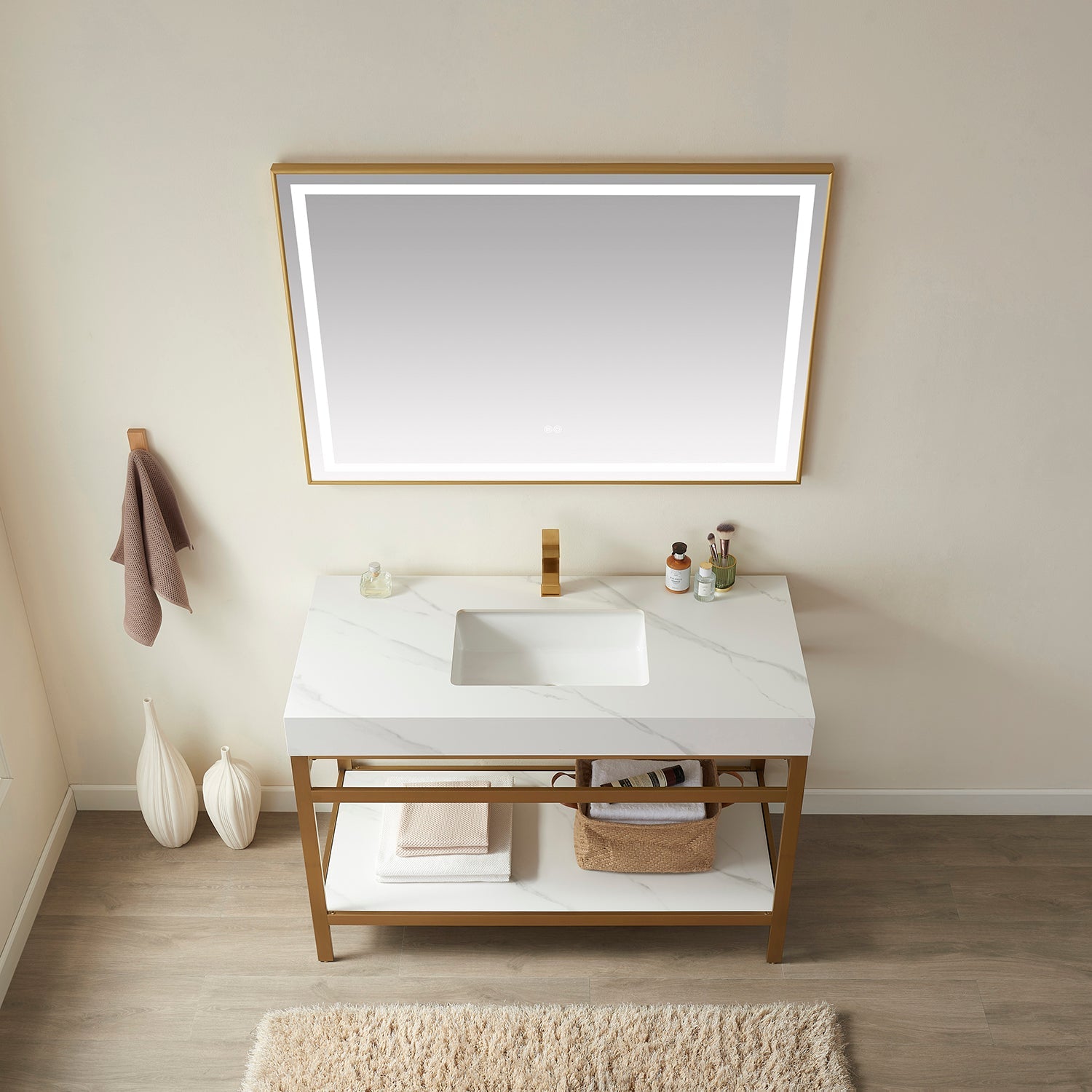 Funes 60" Single Sink Bath Vanity in Brushed Gold Metal Support with White Sintered Stone Top