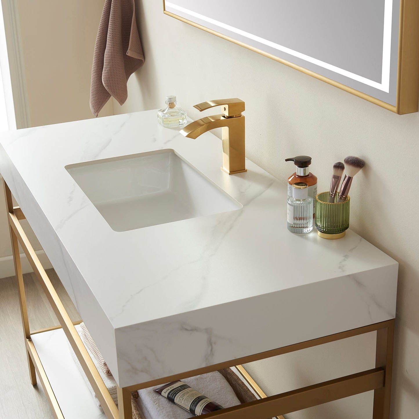 Funes 60" Single Sink Bath Vanity in Brushed Gold Metal Support with White Sintered Stone Top