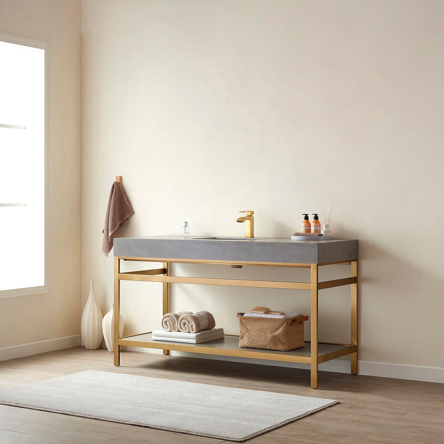 Funes 60" Single Sink Bath Vanity in Brushed Gold Metal Support with Grey Sintered Stone Top