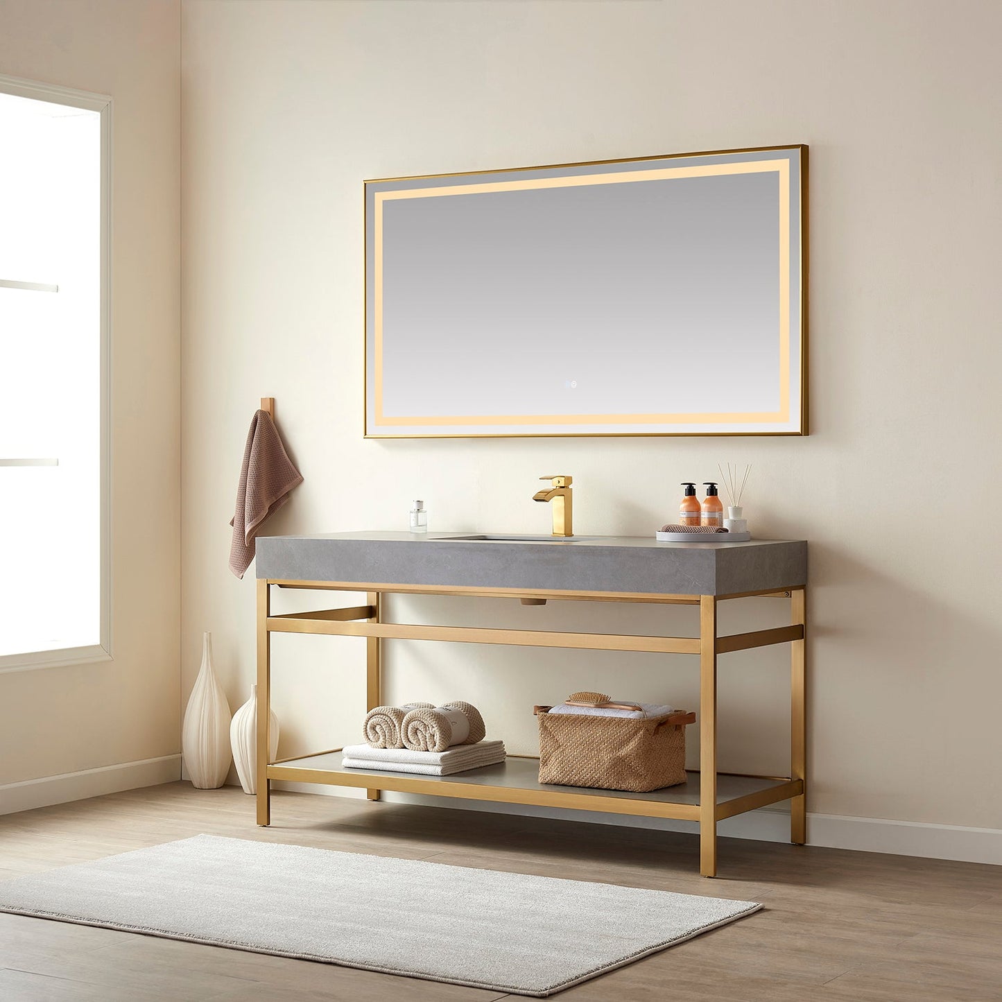 Funes 60" Single Sink Bath Vanity in Brushed Gold Metal Support with Grey Sintered Stone Top