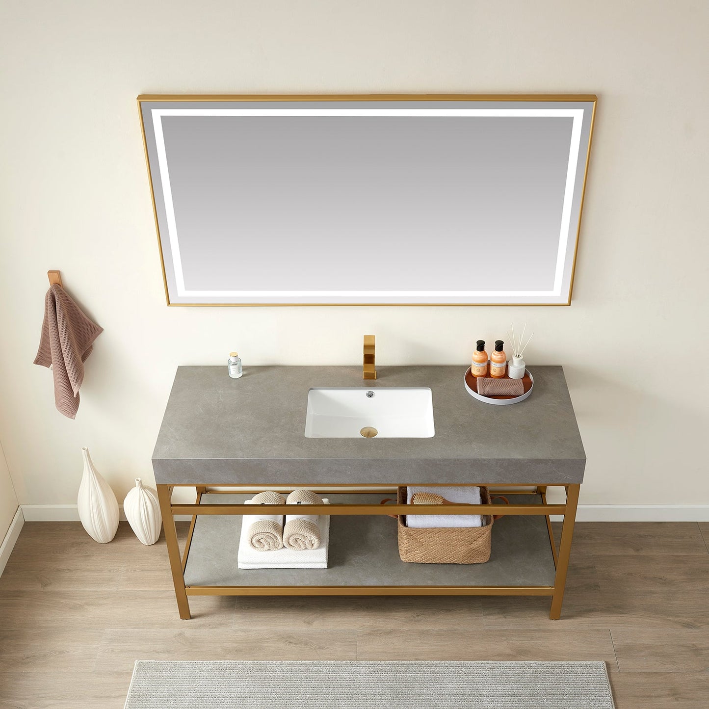 Funes 60" Single Sink Bath Vanity in Brushed Gold Metal Support with Grey Sintered Stone Top