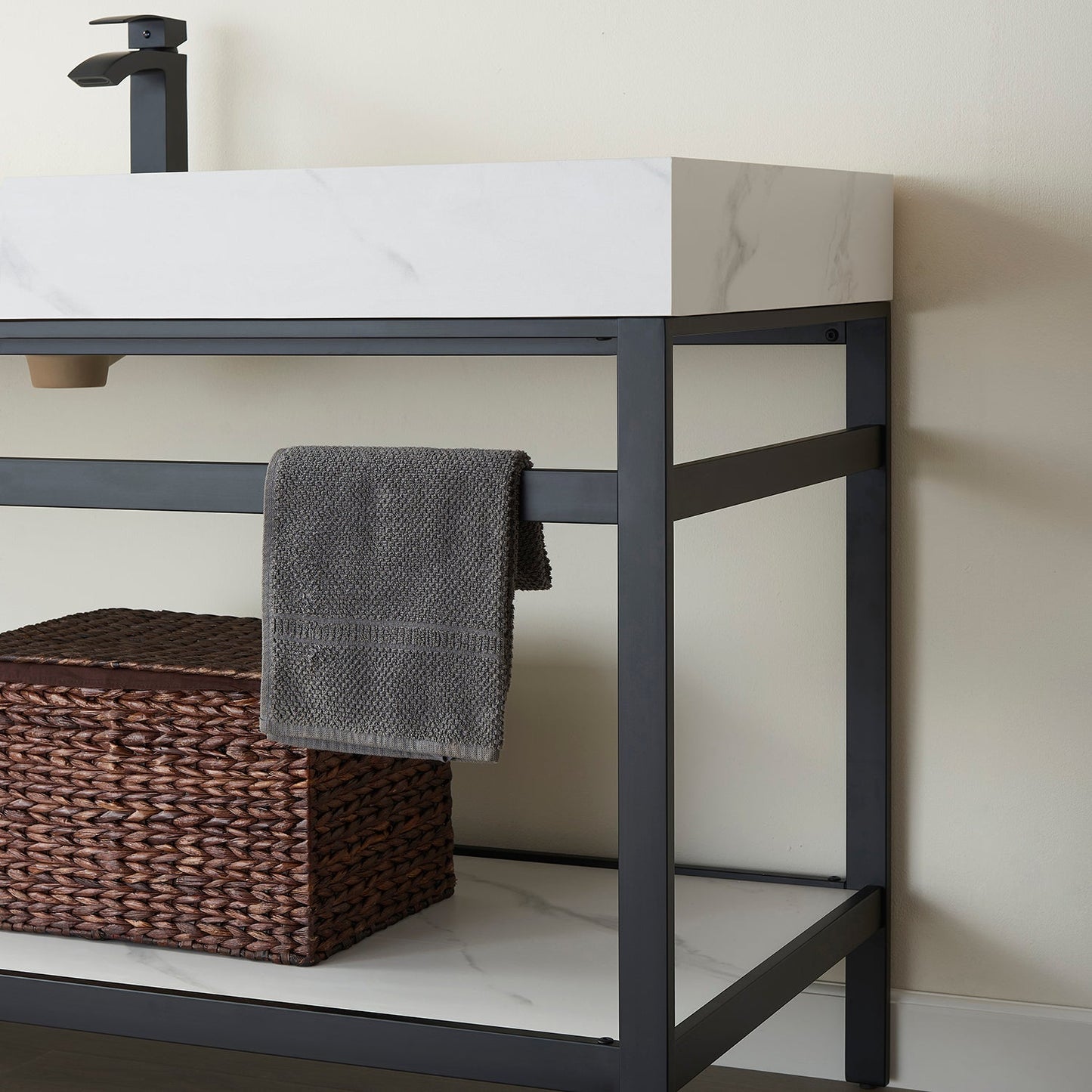 Funes 60" Single Sink Bath Vanity in Matte Black Metal Support with White Sintered Stone Top