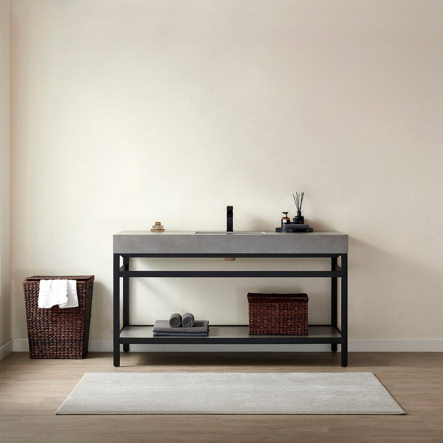 Funes 60" Single Sink Bath Vanity in Matte Black Metal Support with Grey Sintered Stone Top