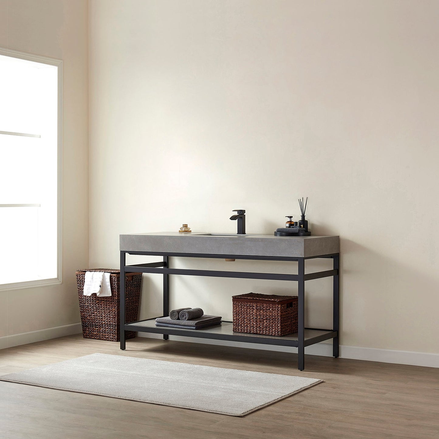 Funes 60" Single Sink Bath Vanity in Matte Black Metal Support with Grey Sintered Stone Top