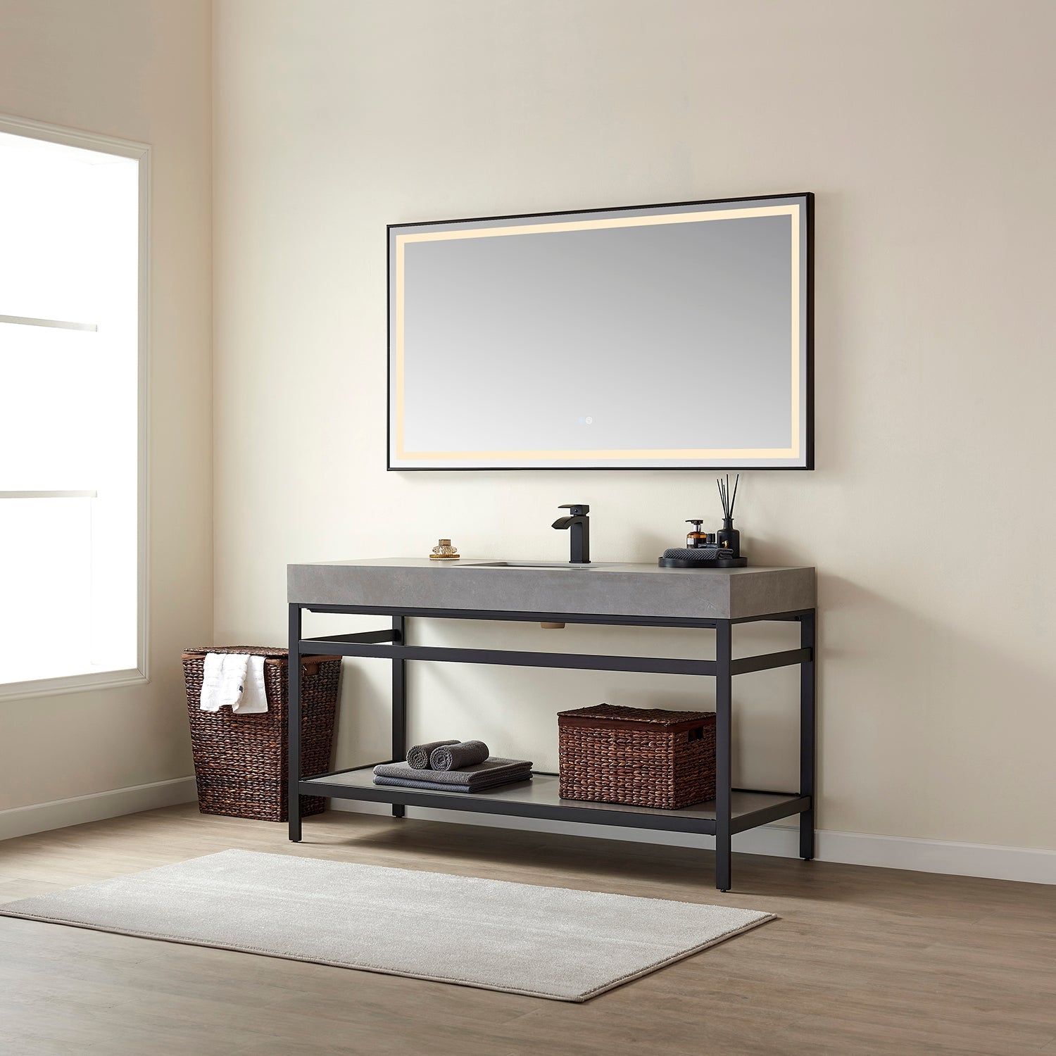 Funes 60" Single Sink Bath Vanity in Matte Black Metal Support with Grey Sintered Stone Top