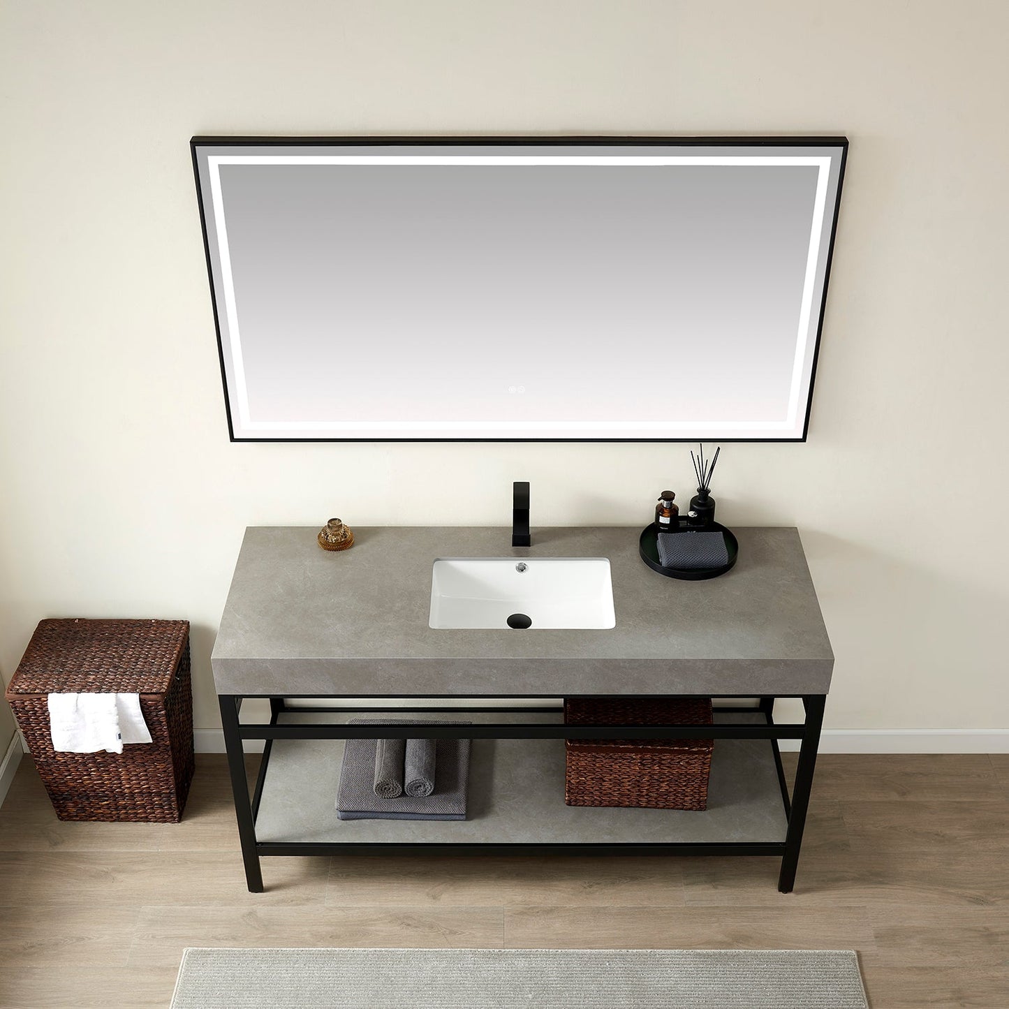 Funes 60" Single Sink Bath Vanity in Matte Black Metal Support with Grey Sintered Stone Top