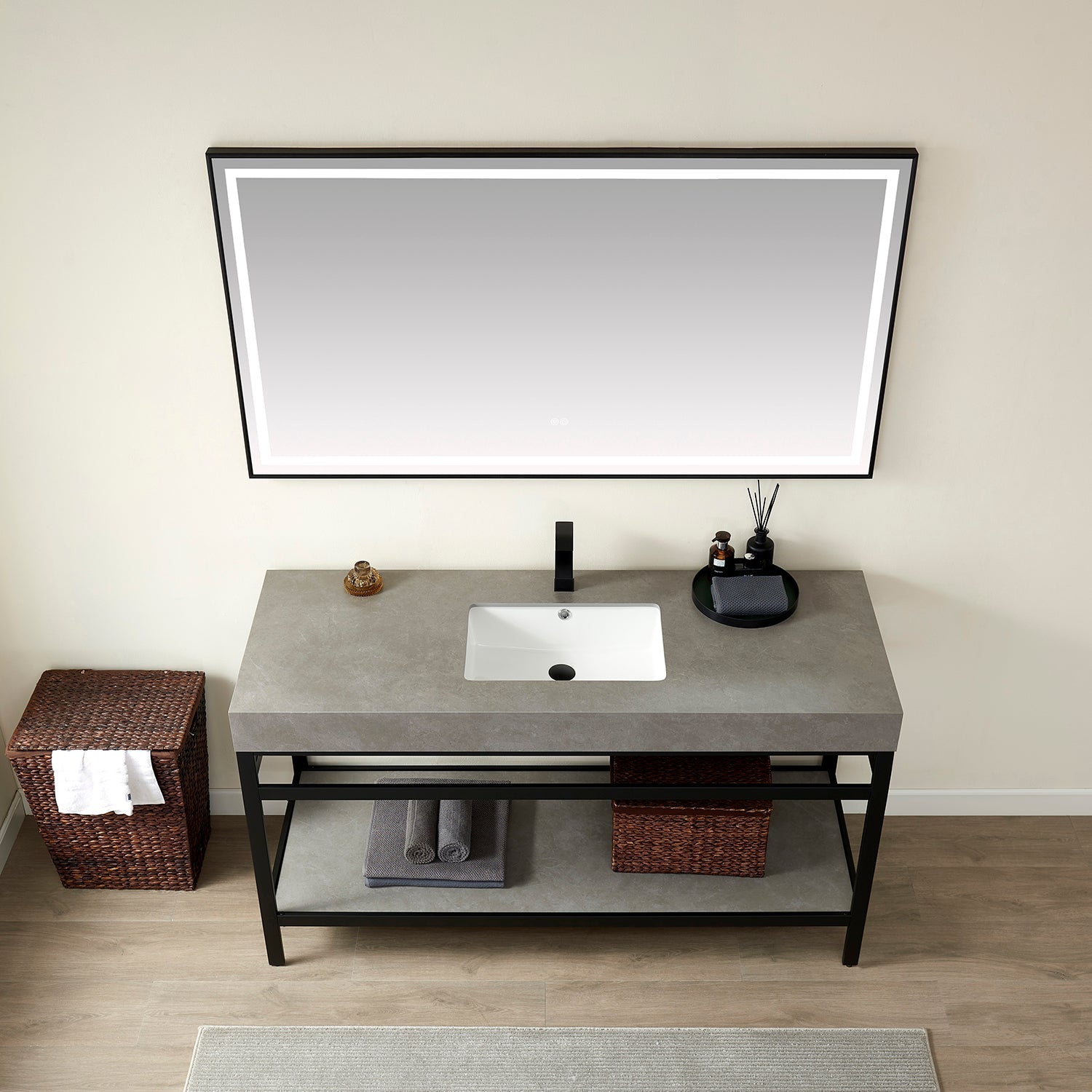 Funes 60" Single Sink Bath Vanity in Matte Black Metal Support with Grey Sintered Stone Top